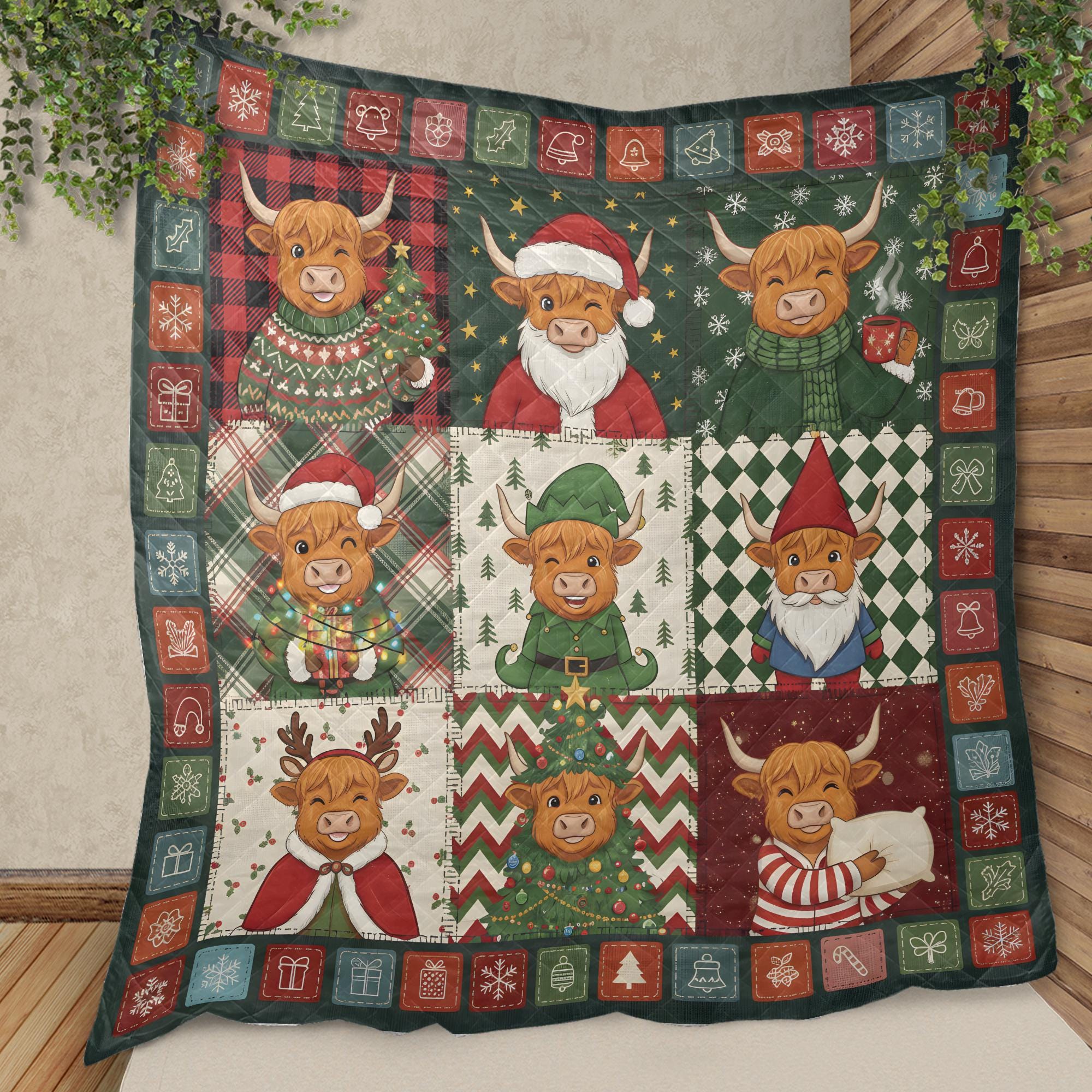 Highland Cow Christmas Quilt Blanket, Patchwork Farm Cow Print, Winter Bed Throw