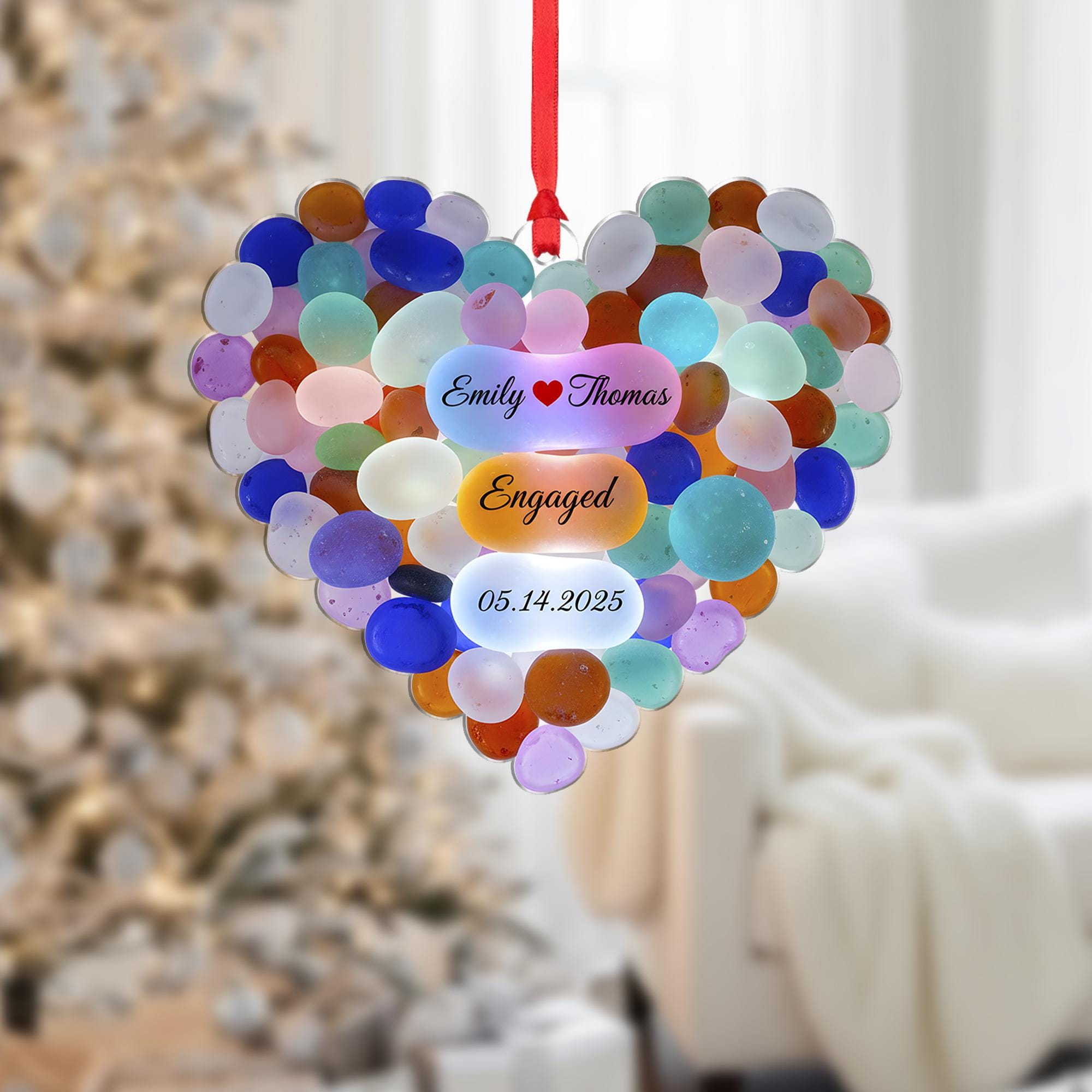 Personalized Heart Engagement Ornament, Colorful Stone, Custom Names and Date