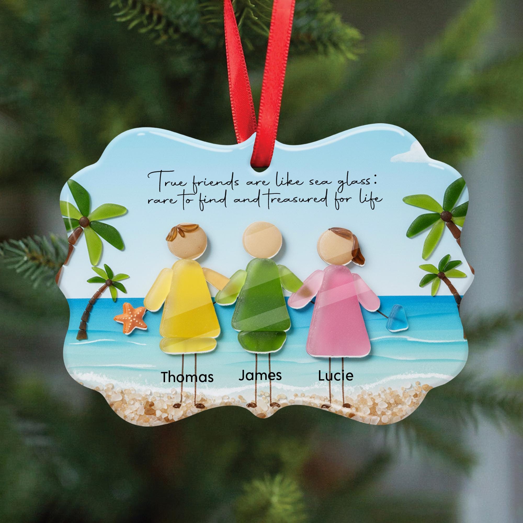 Custom Friends Ceramic Ornament with Acrylic Accent: Beach Scene Personalized Summer Decor