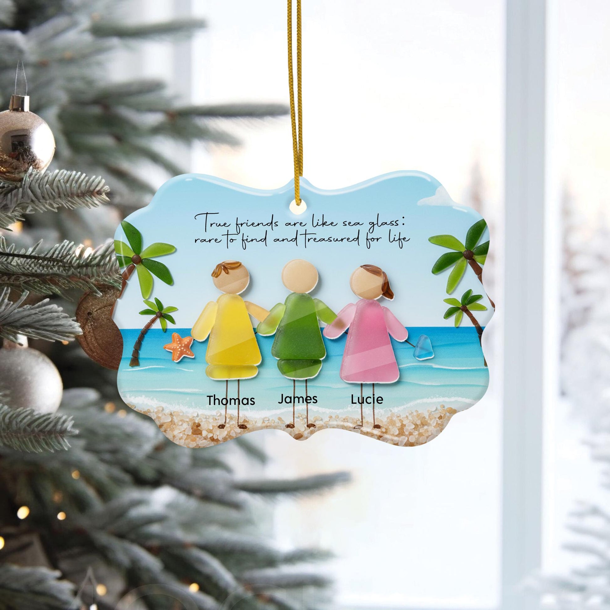 Custom Friends Ceramic Ornament with Acrylic Accent: Beach Scene Personalized Summer Decor