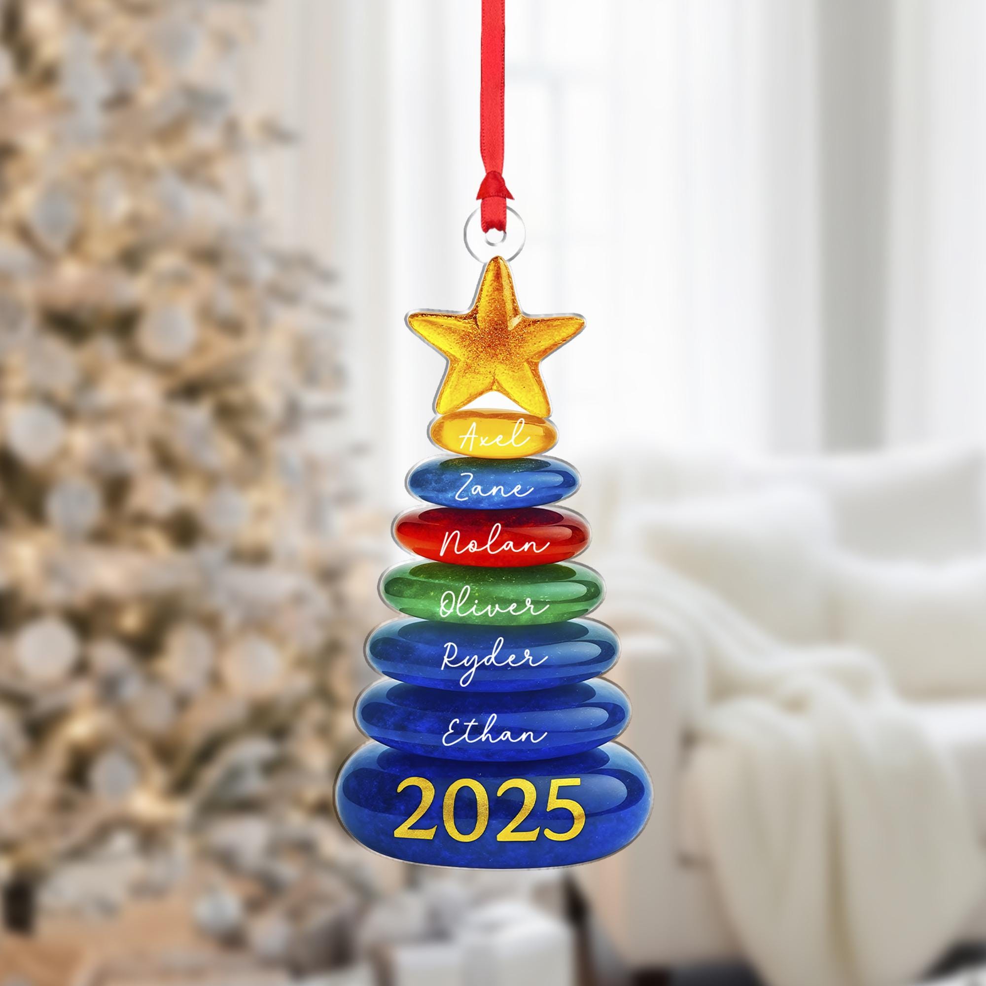 Personalized Christmas Tree Stone Ornament, Stacked Stones with Star, Custom Names and Year