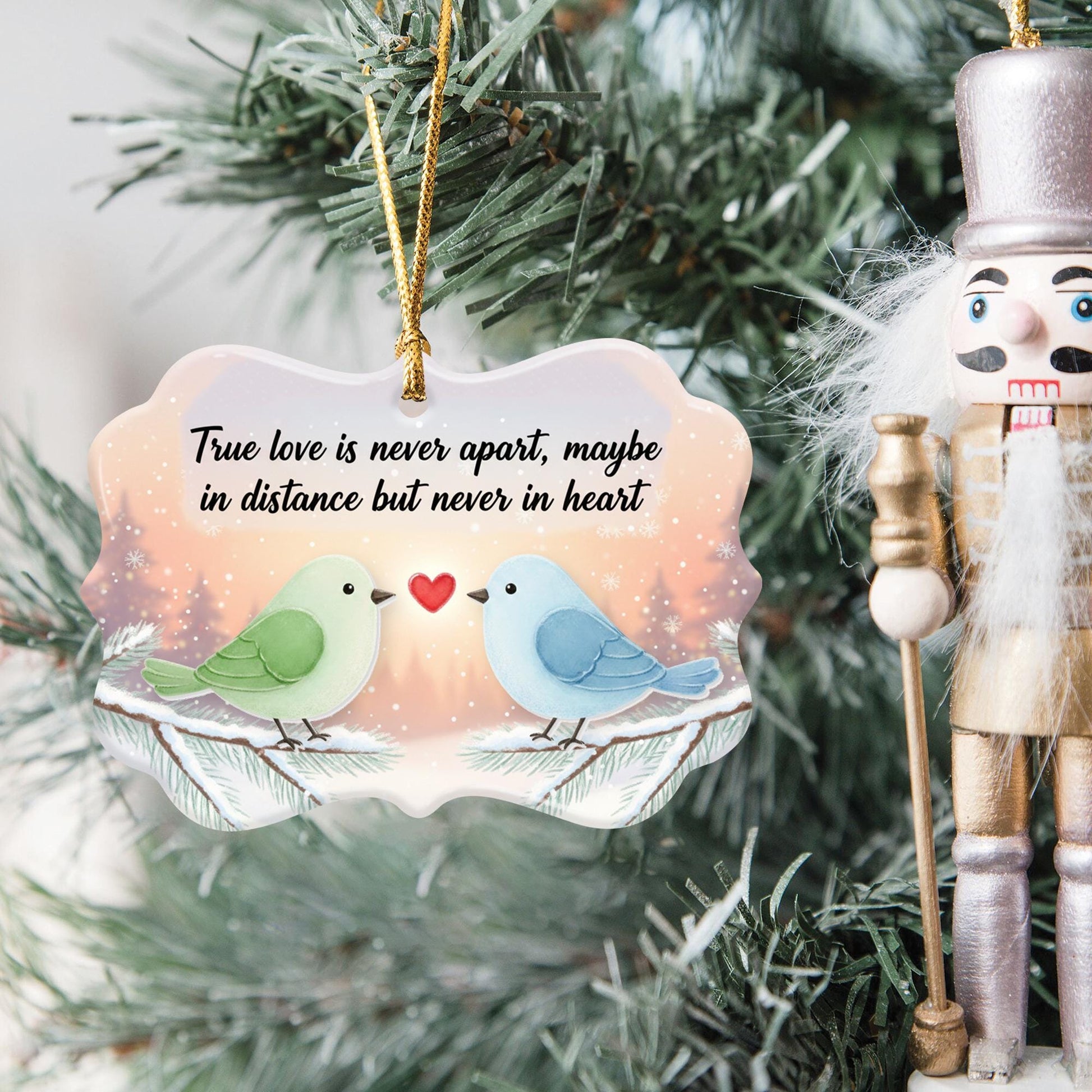 Bird Design Ceramic Christmas Ornament with Acrylic Accent: "True Love Is Never Apart"