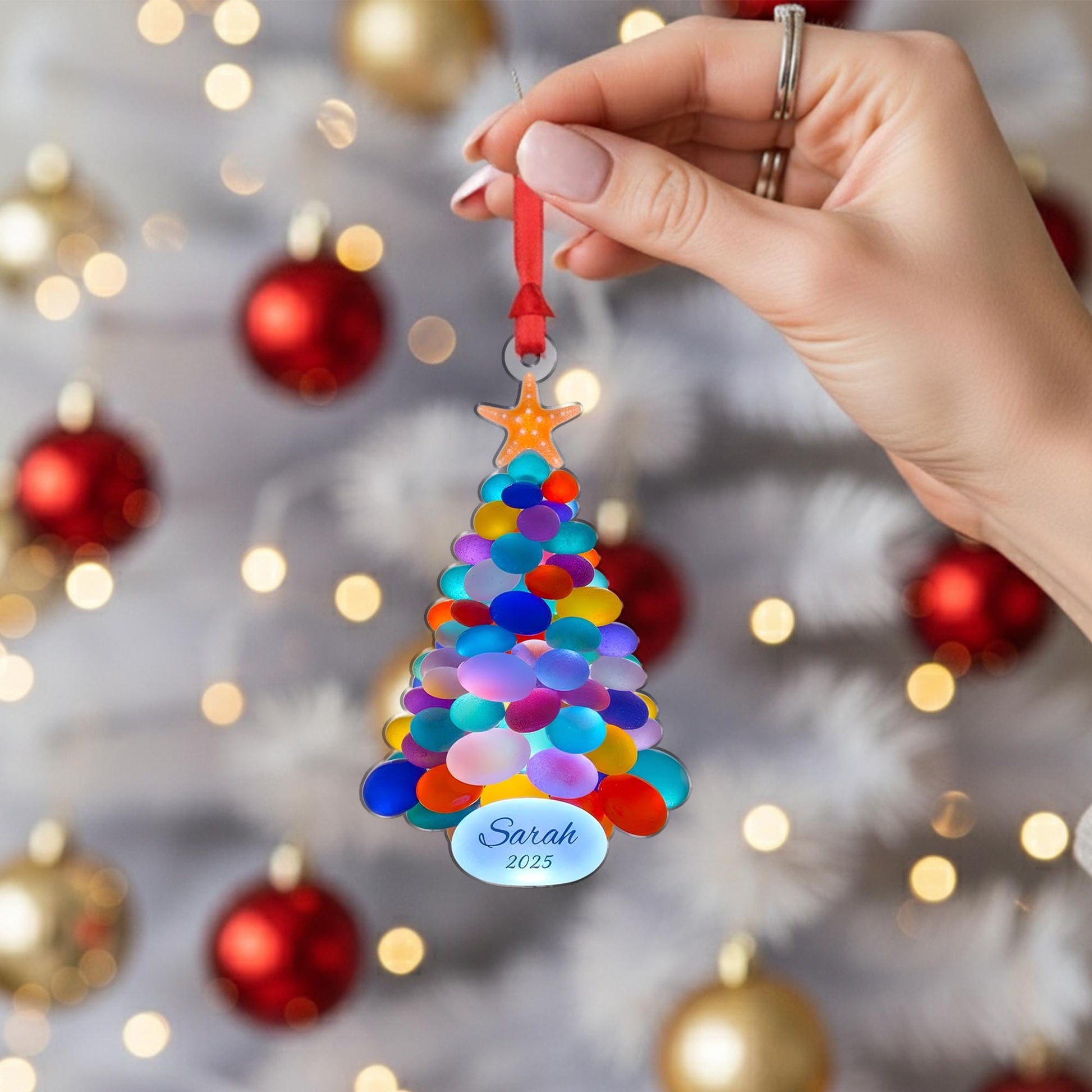 Personalized Christmas Tree Stone Ornament, Custom Name and Year