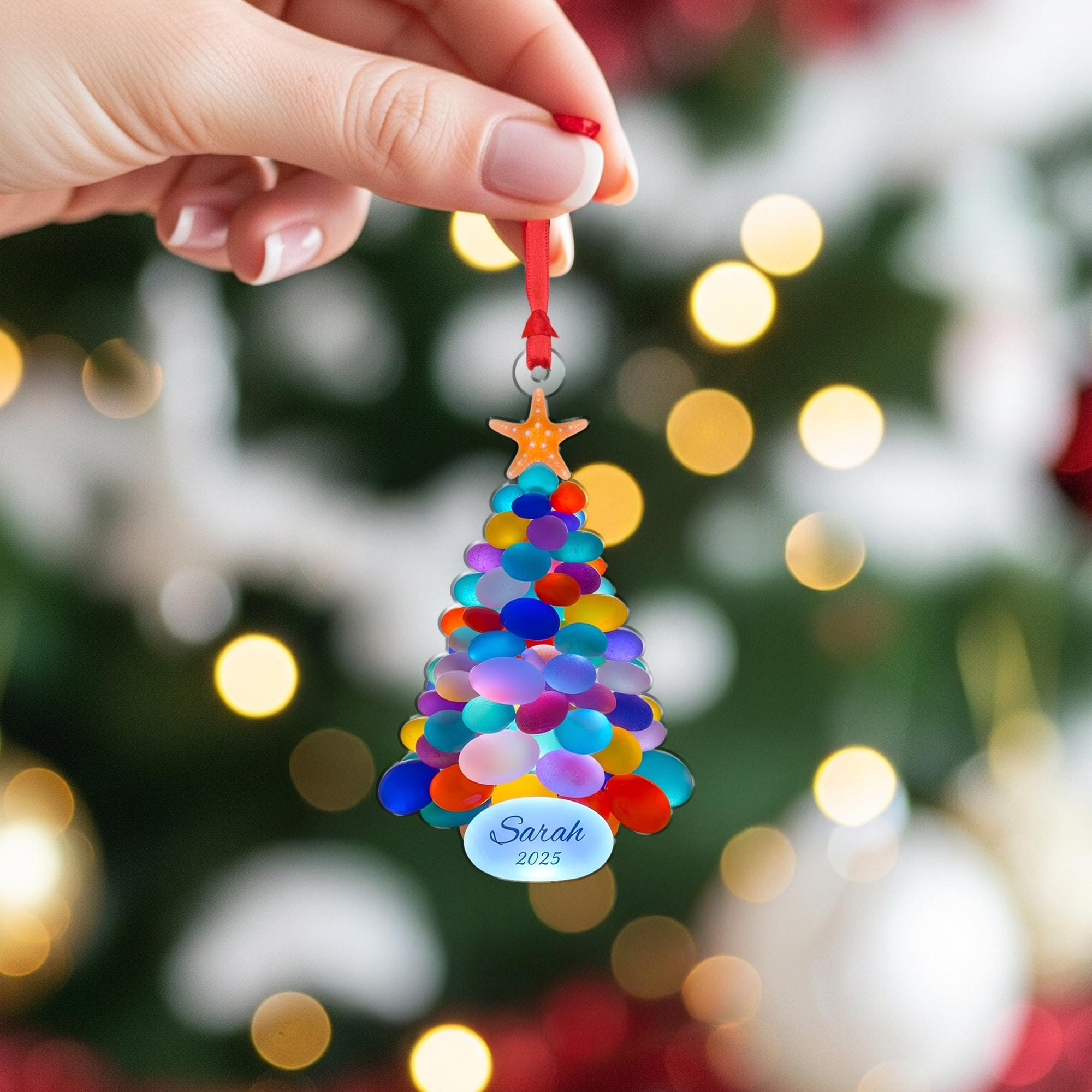 Personalized Christmas Tree Stone Ornament, Custom Name and Year