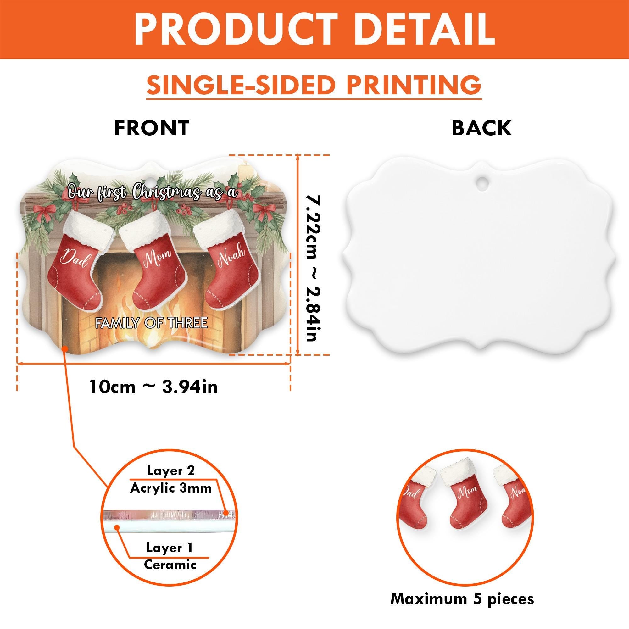 Ceramic Christmas Ornament – “Our First Christmas as a Family” Stocking Design, Single-Sided Print, Acrylic Accent
