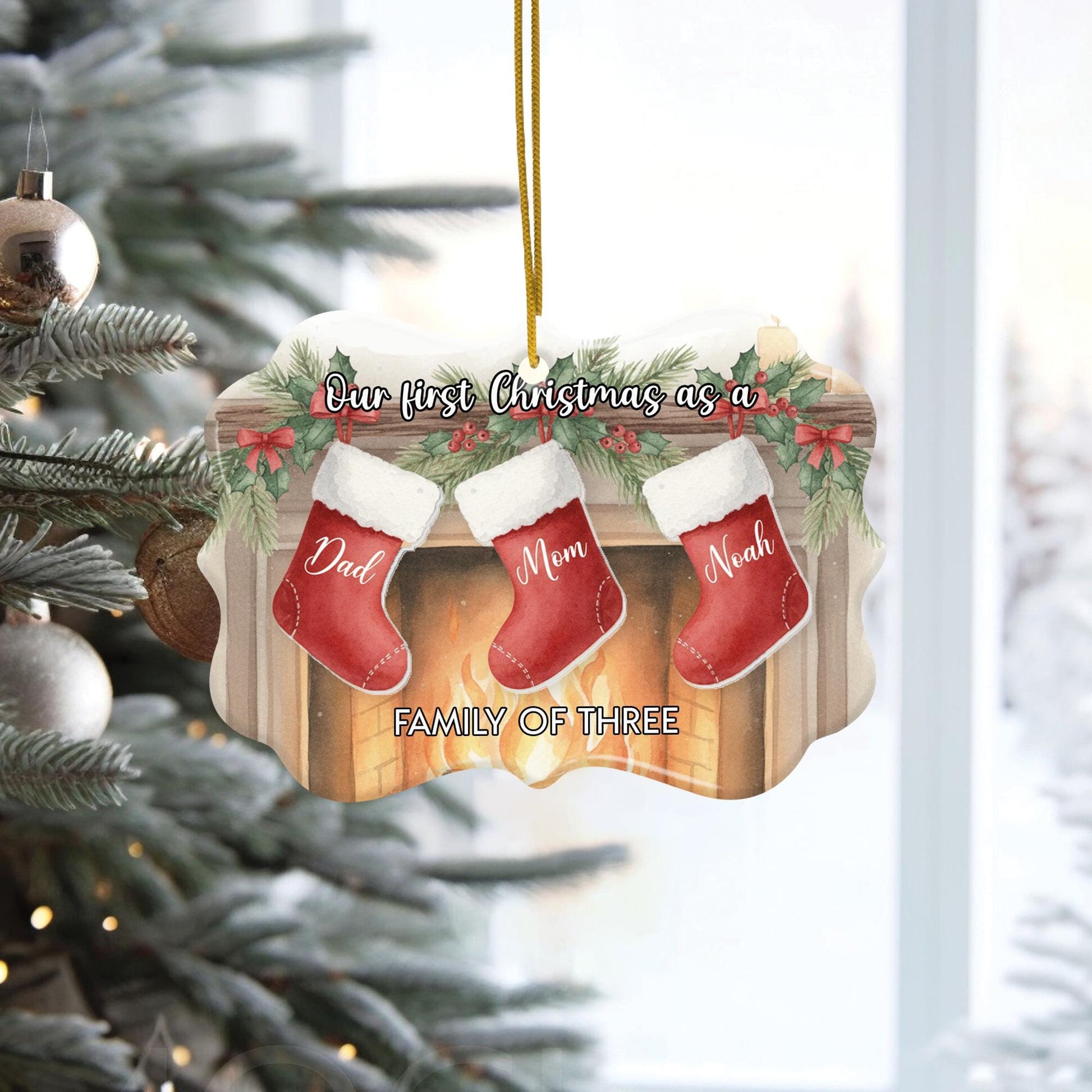 Ceramic Christmas Ornament – “Our First Christmas as a Family” Stocking Design, Single-Sided Print, Acrylic Accent