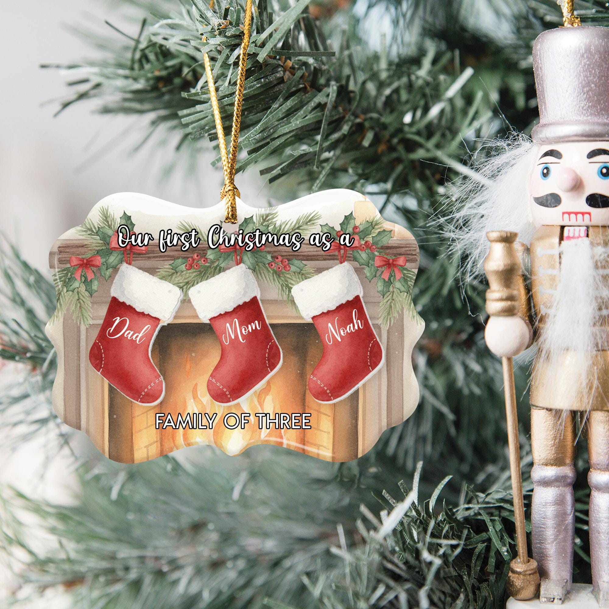 Ceramic Christmas Ornament – “Our First Christmas as a Family” Stocking Design, Single-Sided Print, Acrylic Accent