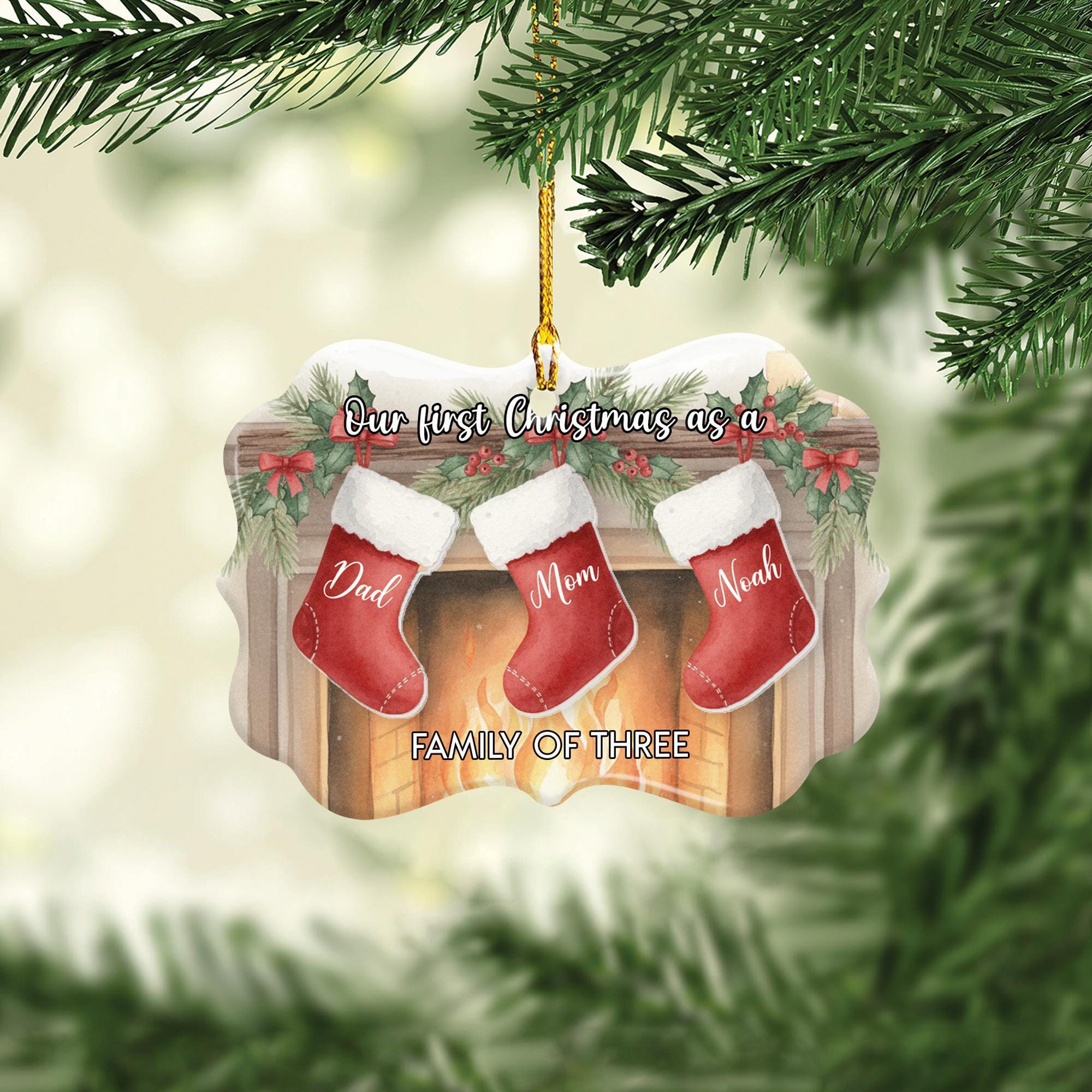Ceramic Christmas Ornament – “Our First Christmas as a Family” Stocking Design, Single-Sided Print, Acrylic Accent