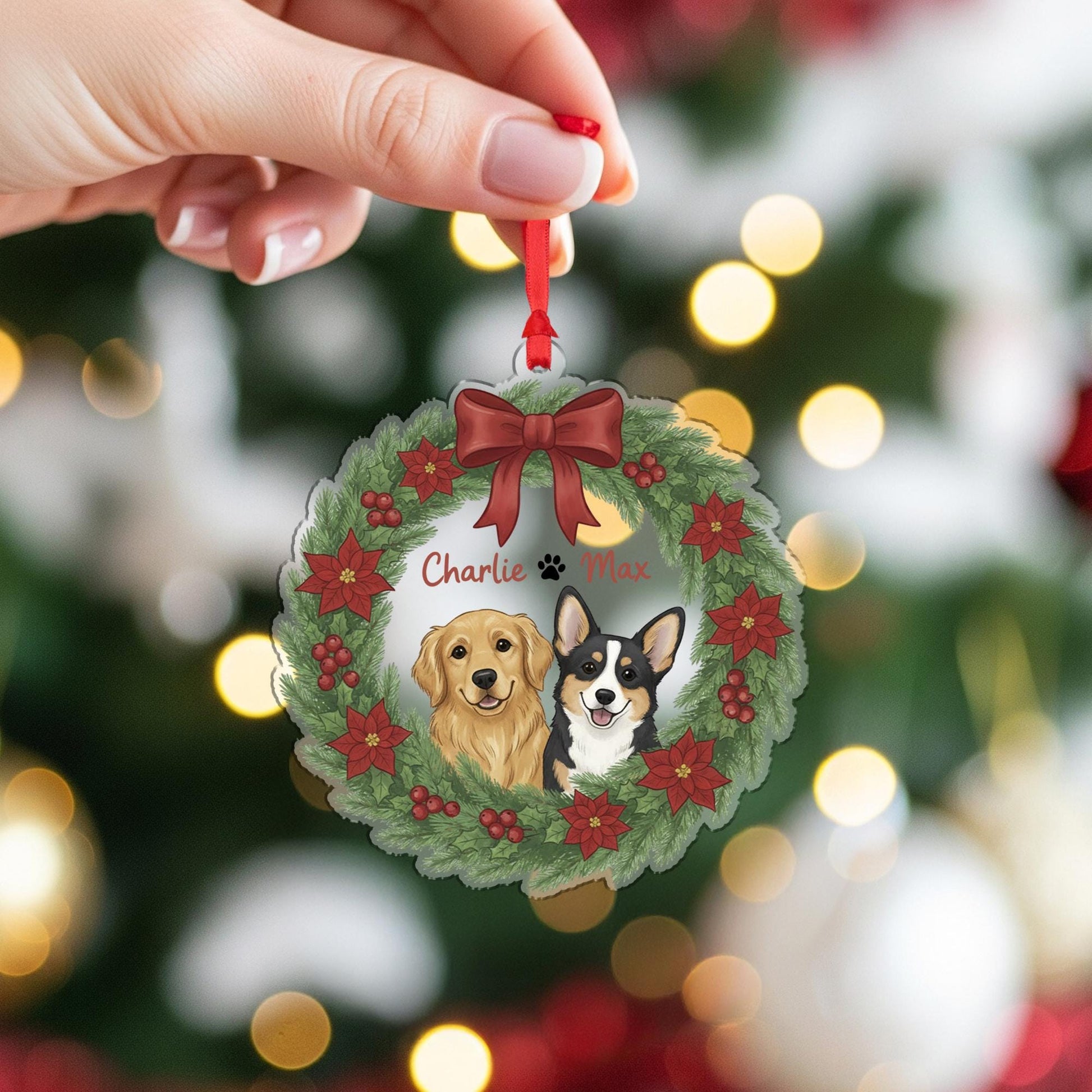 Personalized Pet Portrait Ornament — Hanging Dog Wreath Keepsake