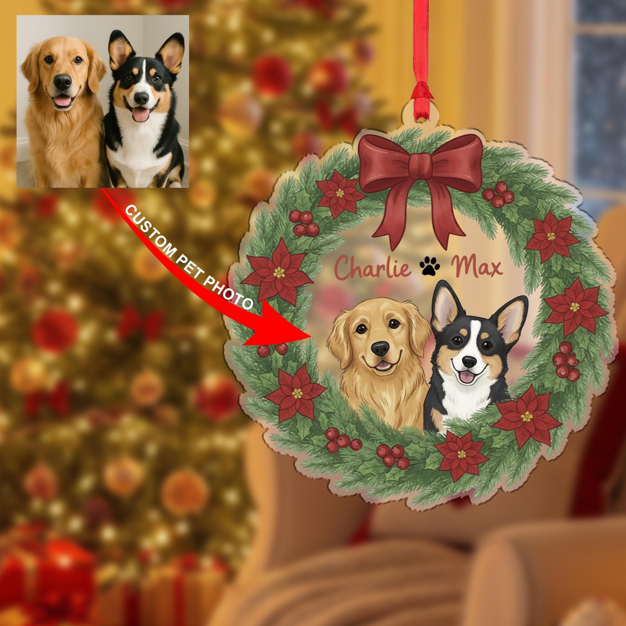 Personalized Pet Portrait Ornament — Hanging Dog Wreath Keepsake