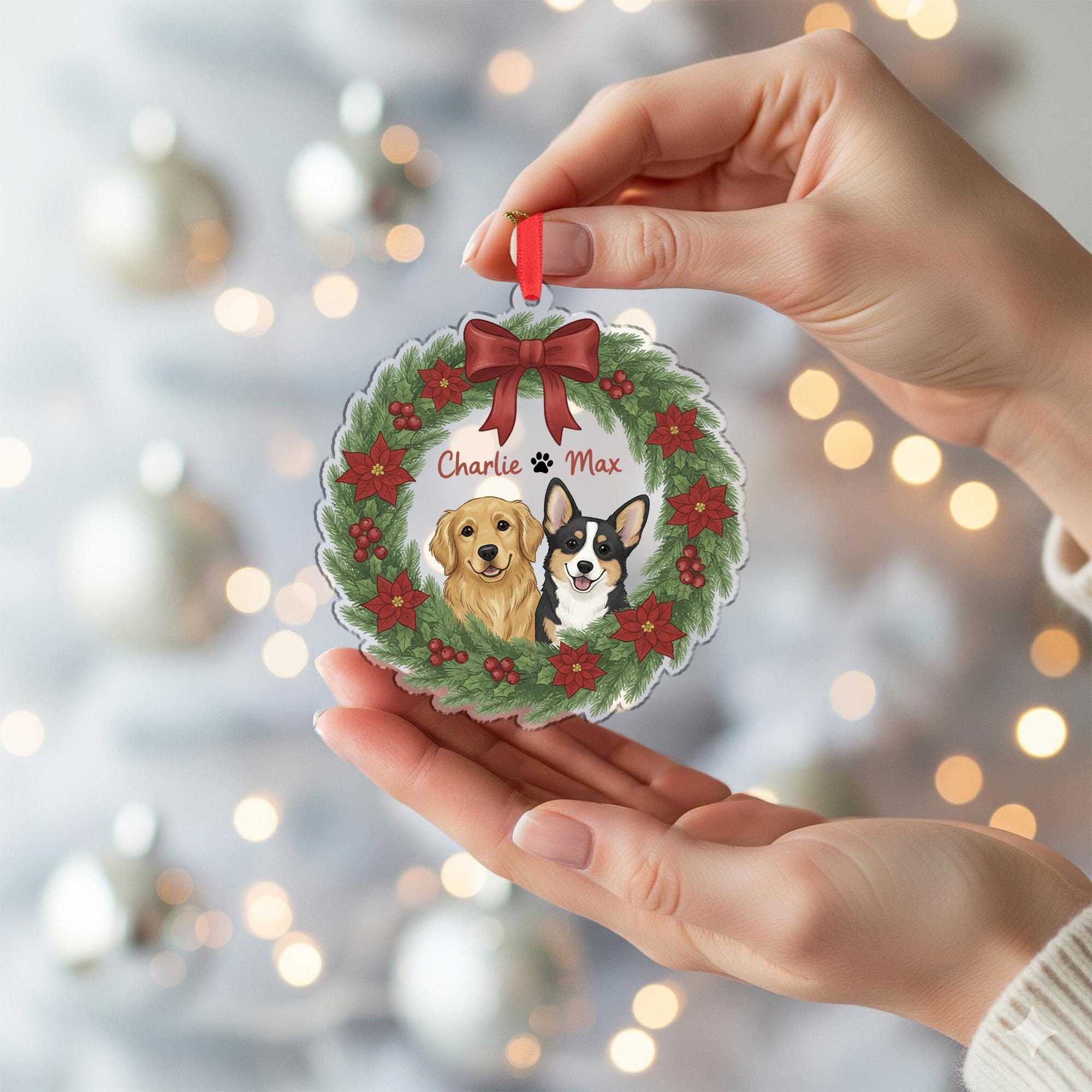 Personalized Pet Portrait Ornament — Hanging Dog Wreath Keepsake