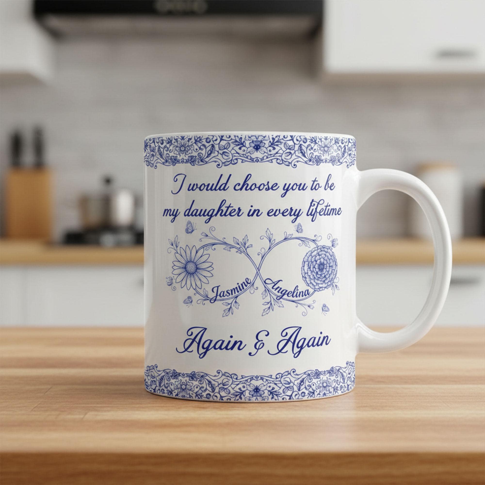 Personalized Daughter Mug: Birth Month Flowers, Toile de Jouy Ceramic Gift