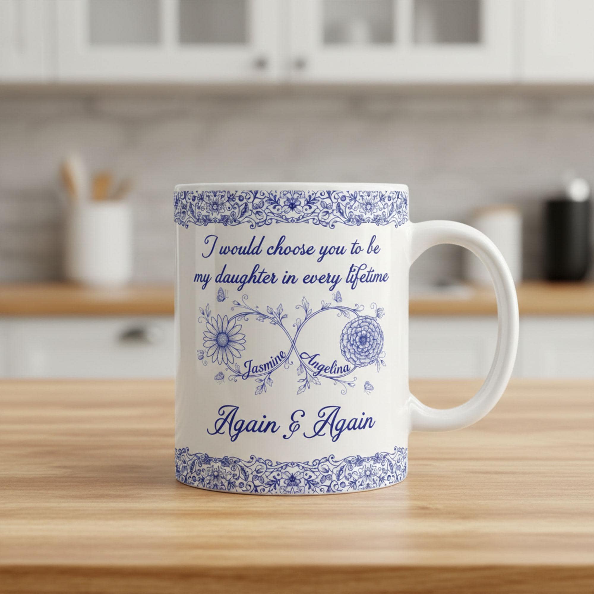 Personalized Daughter Mug: Birth Month Flowers, Toile de Jouy Ceramic Gift