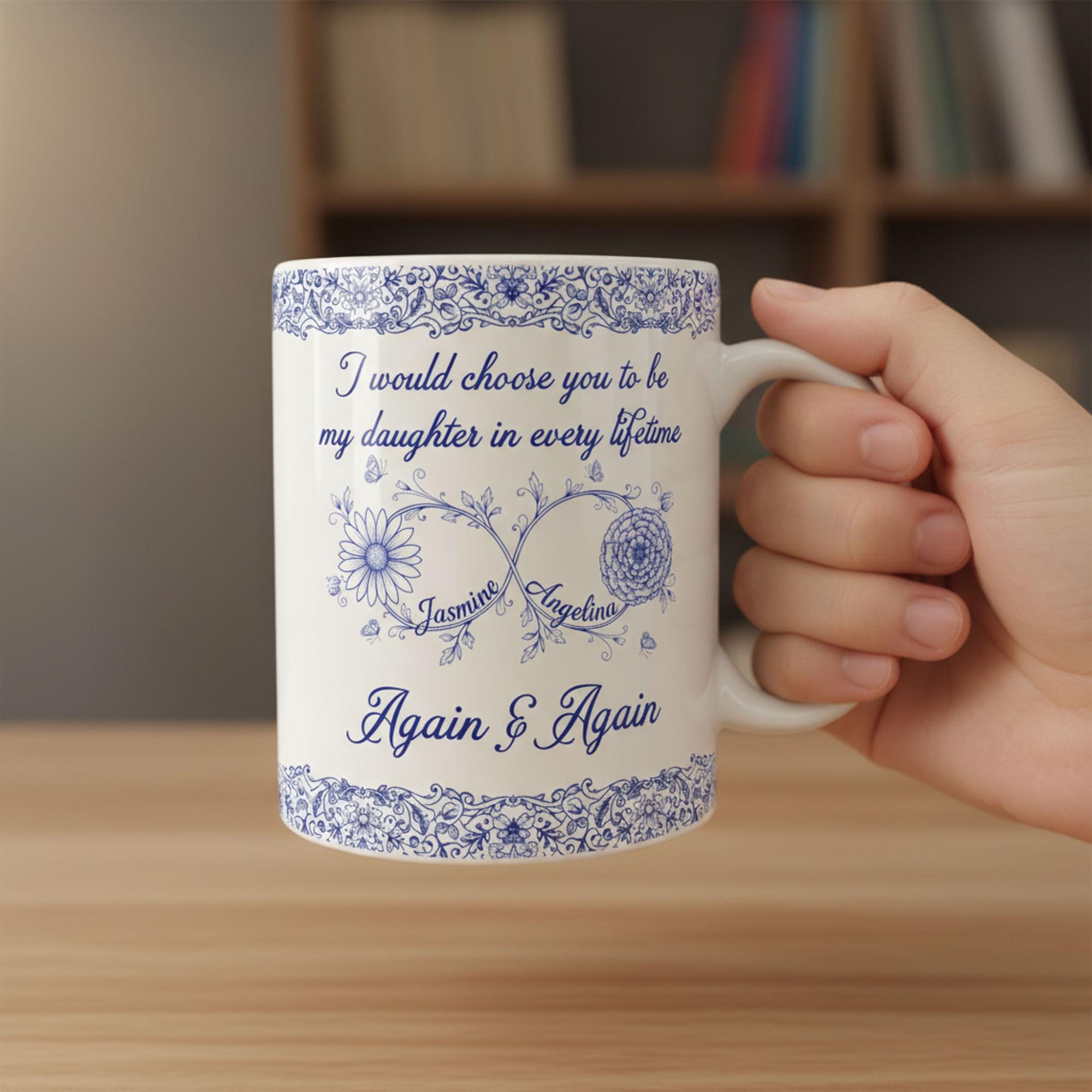 Personalized Daughter Mug: Birth Month Flowers, Toile de Jouy Ceramic Gift
