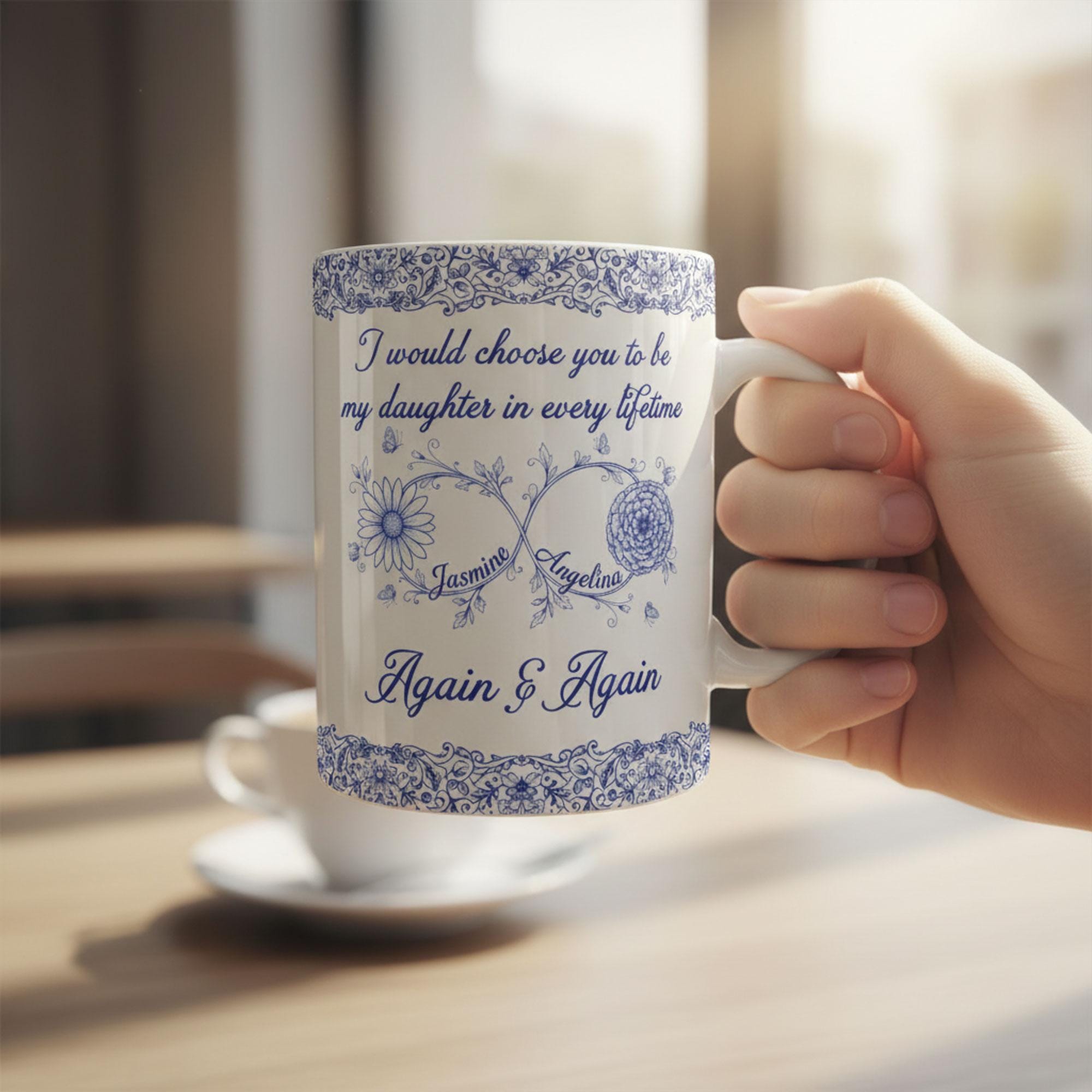 Personalized Daughter Mug: Birth Month Flowers, Toile de Jouy Ceramic Gift