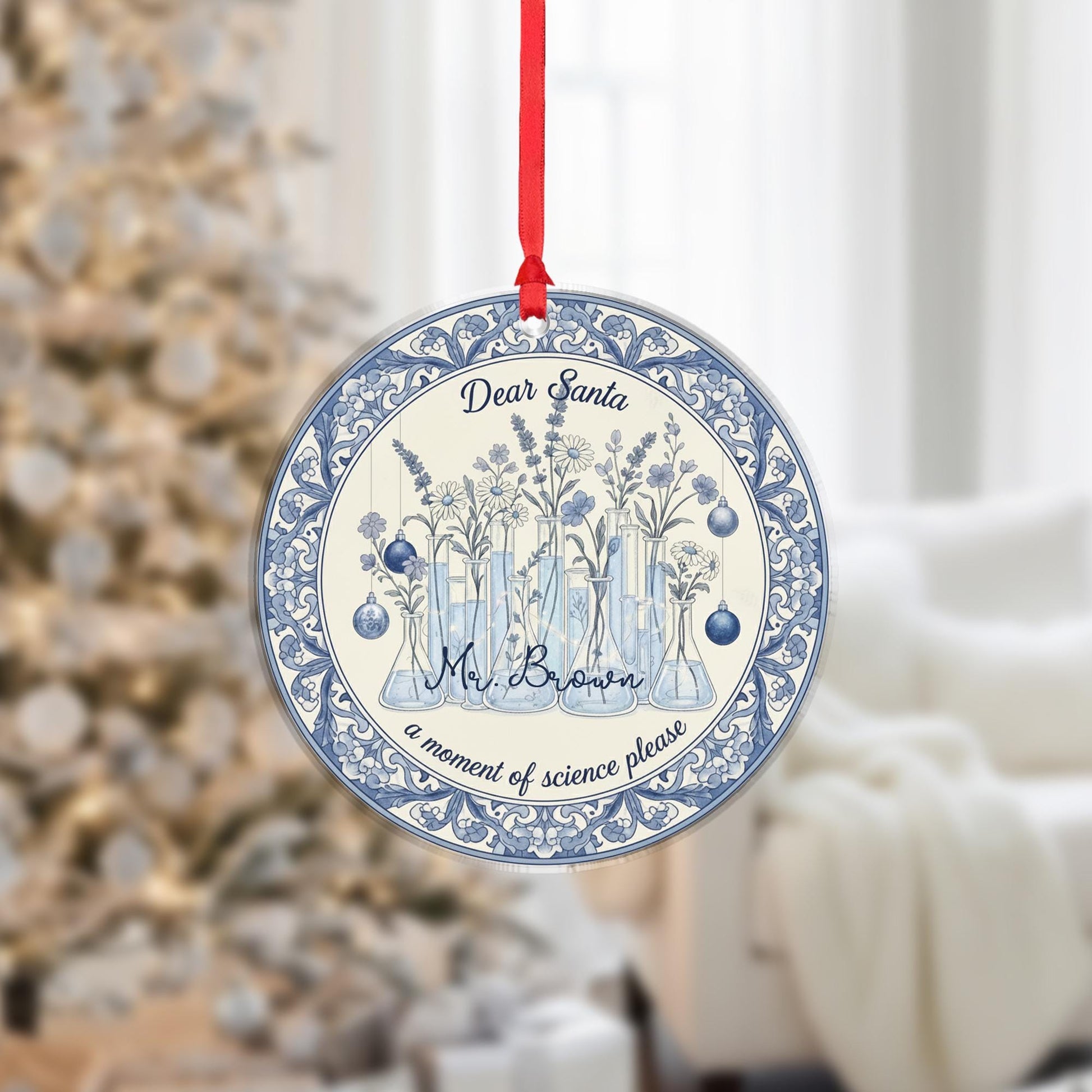Science Teacher Ceramic Ornament – Round, Blue Lab Glassware Design, Custom Name