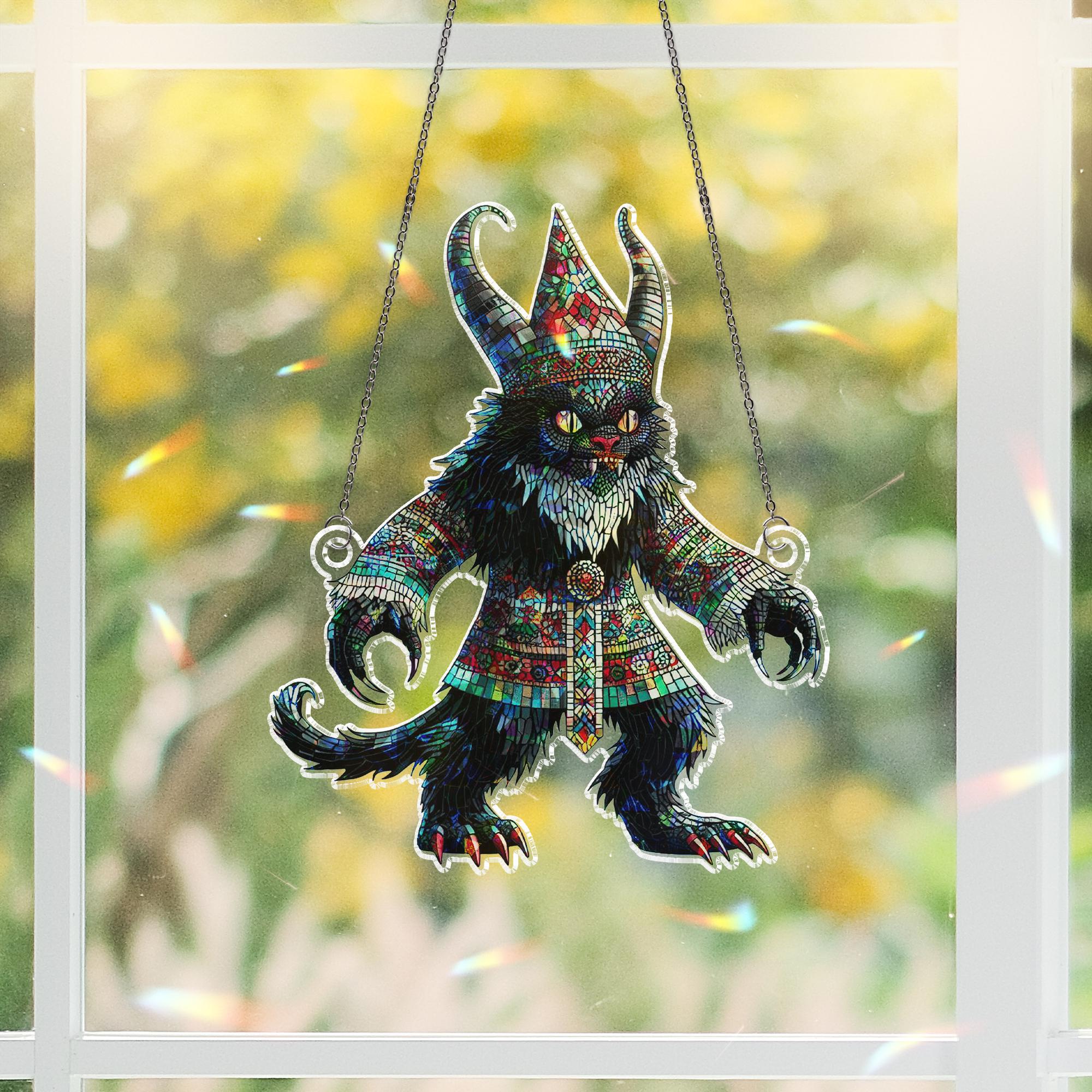 Krampus Cat Holographic Window Hanging – Gothic Style Holiday Ornament Decor