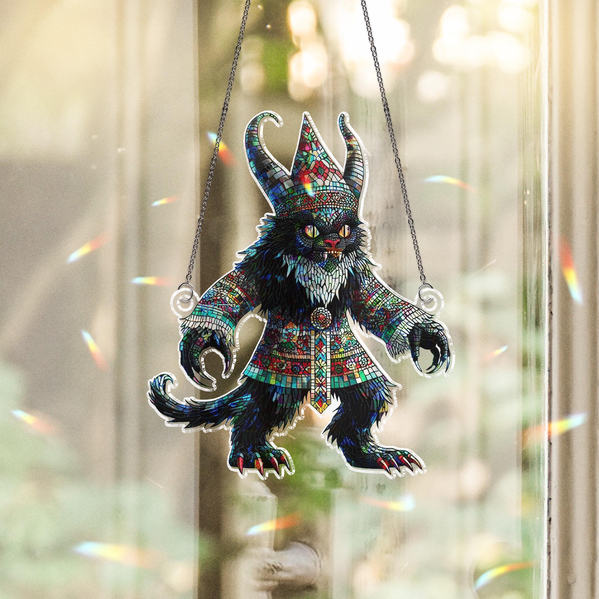Krampus Cat Holographic Window Hanging – Gothic Style Holiday Ornament Decor