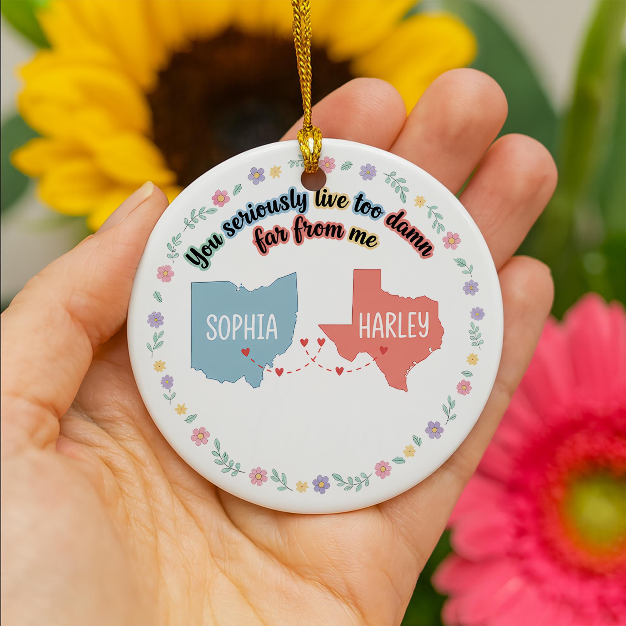 Personalized Long Distance Ceramic Ornament – Custom State Map & Name Gift for Friends or Family