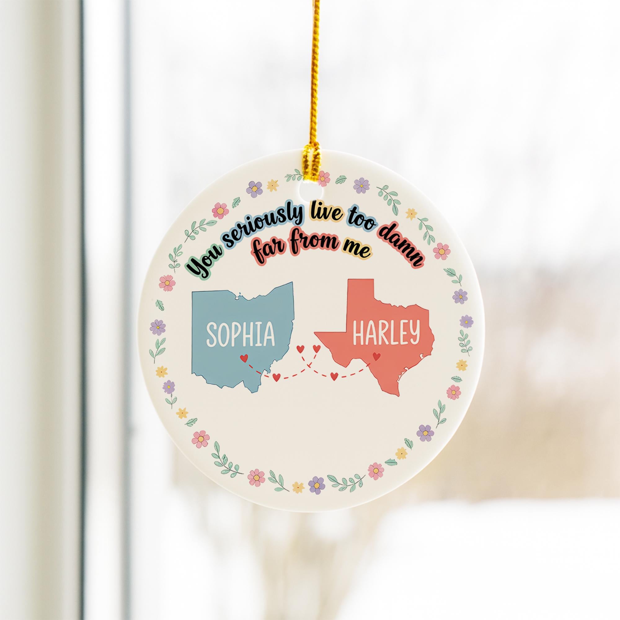 Personalized Long Distance Ceramic Ornament – Custom State Map & Name Gift for Friends or Family