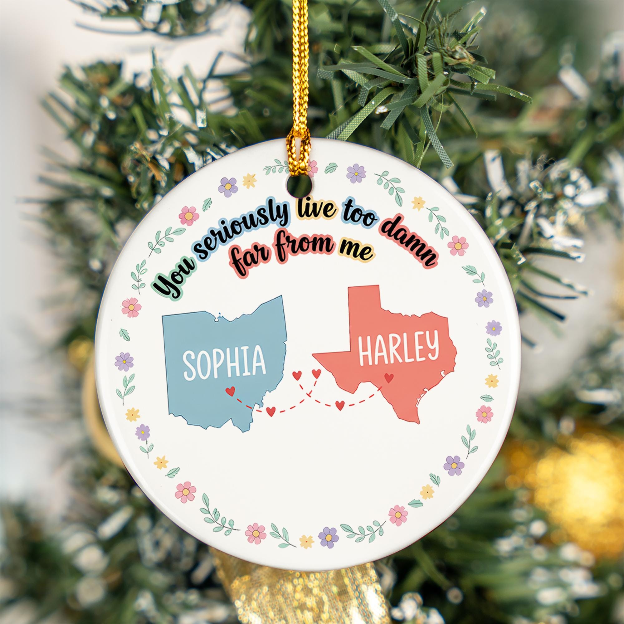 Personalized Long Distance Ceramic Ornament – Custom State Map & Name Gift for Friends or Family