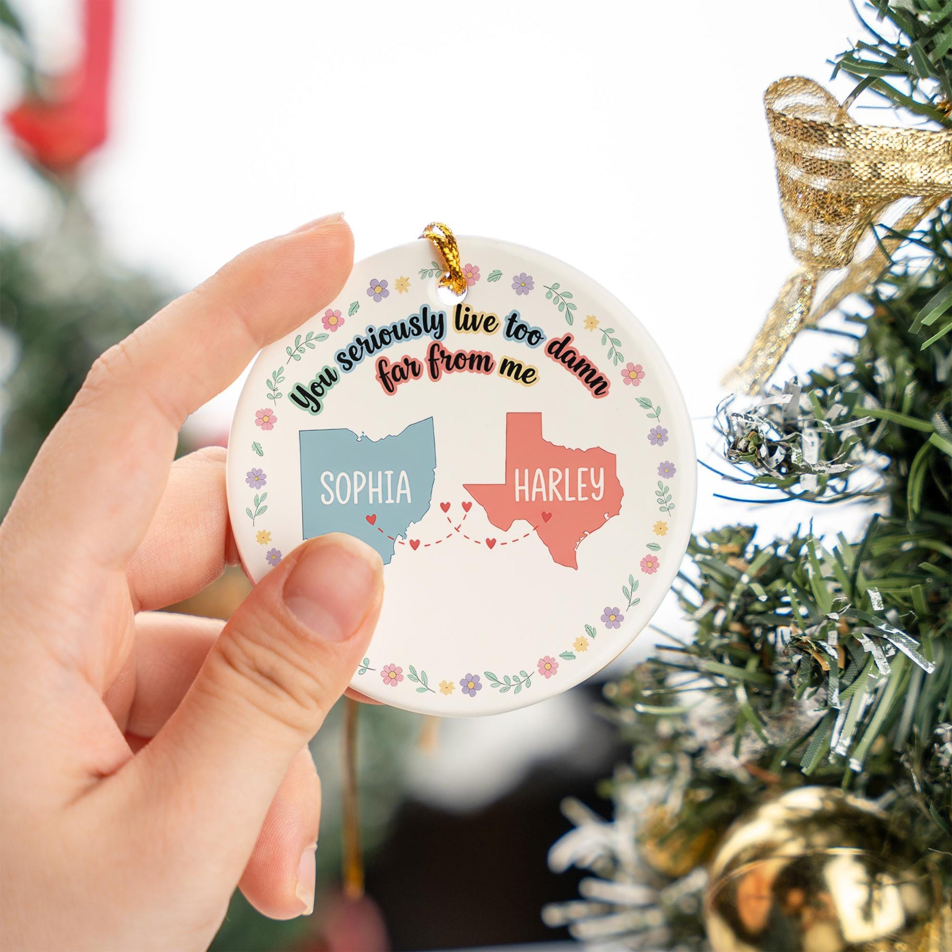 Personalized Long Distance Ceramic Ornament – Custom State Map & Name Gift for Friends or Family