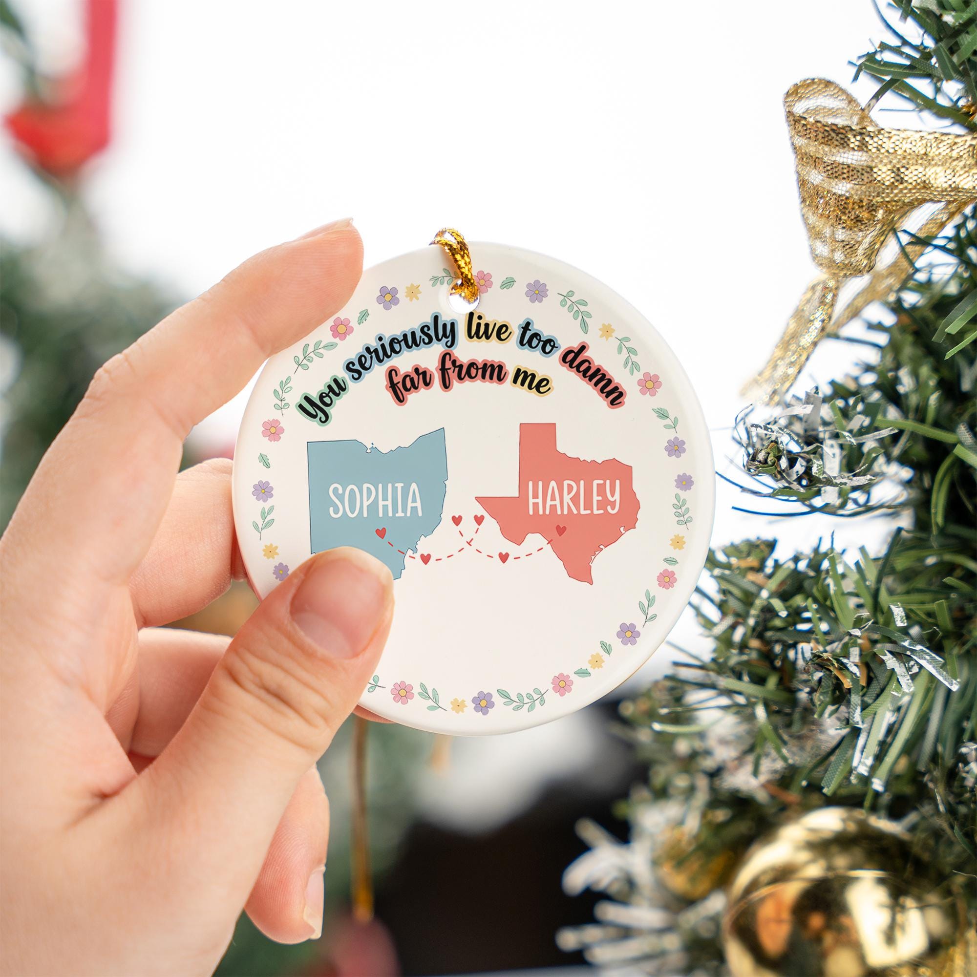 Personalized Long Distance Ceramic Ornament – Custom State Map & Name Gift for Friends or Family
