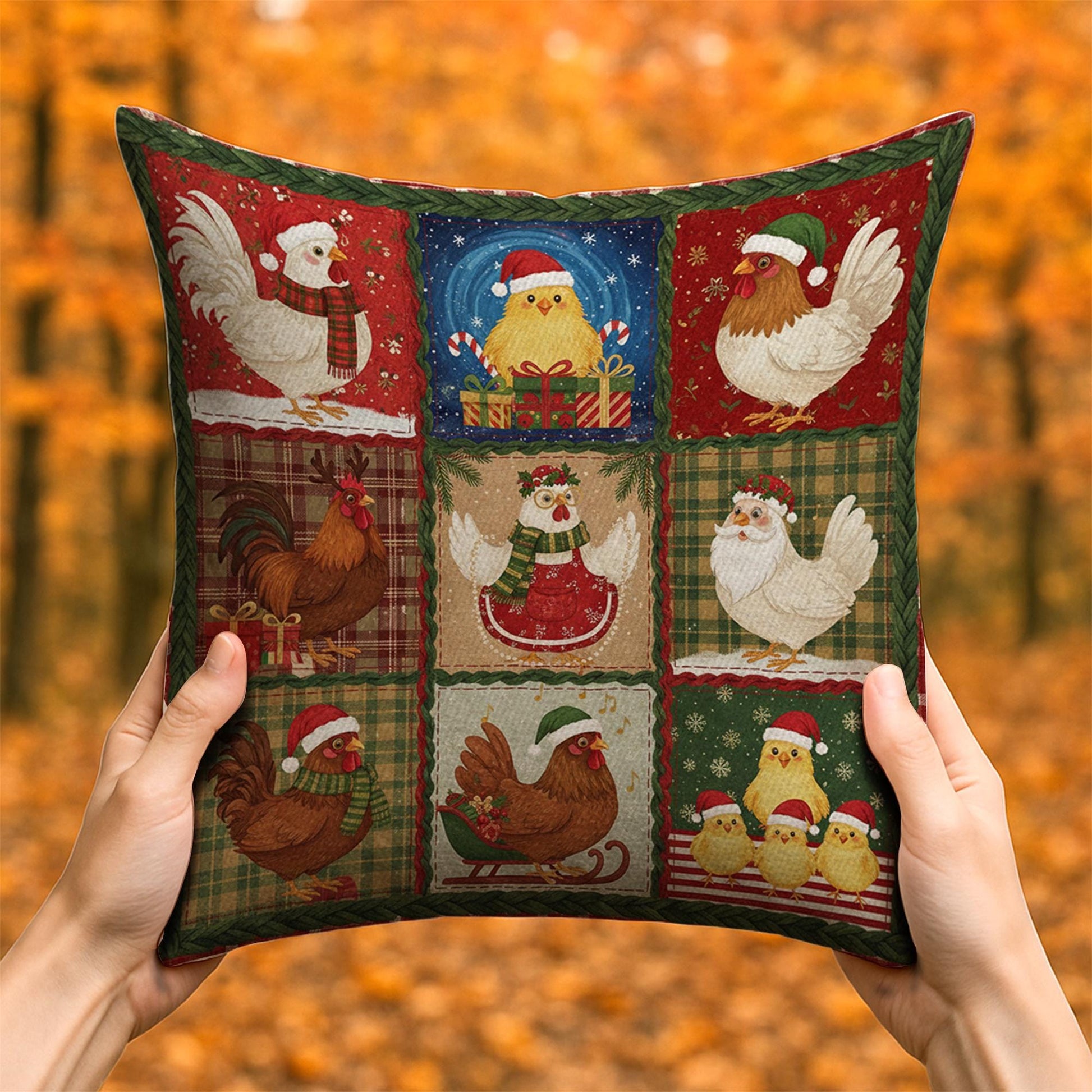 Christmas Farmhouse Chicken Pillow – Holiday Rooster and Hen Throw Cushion Decor