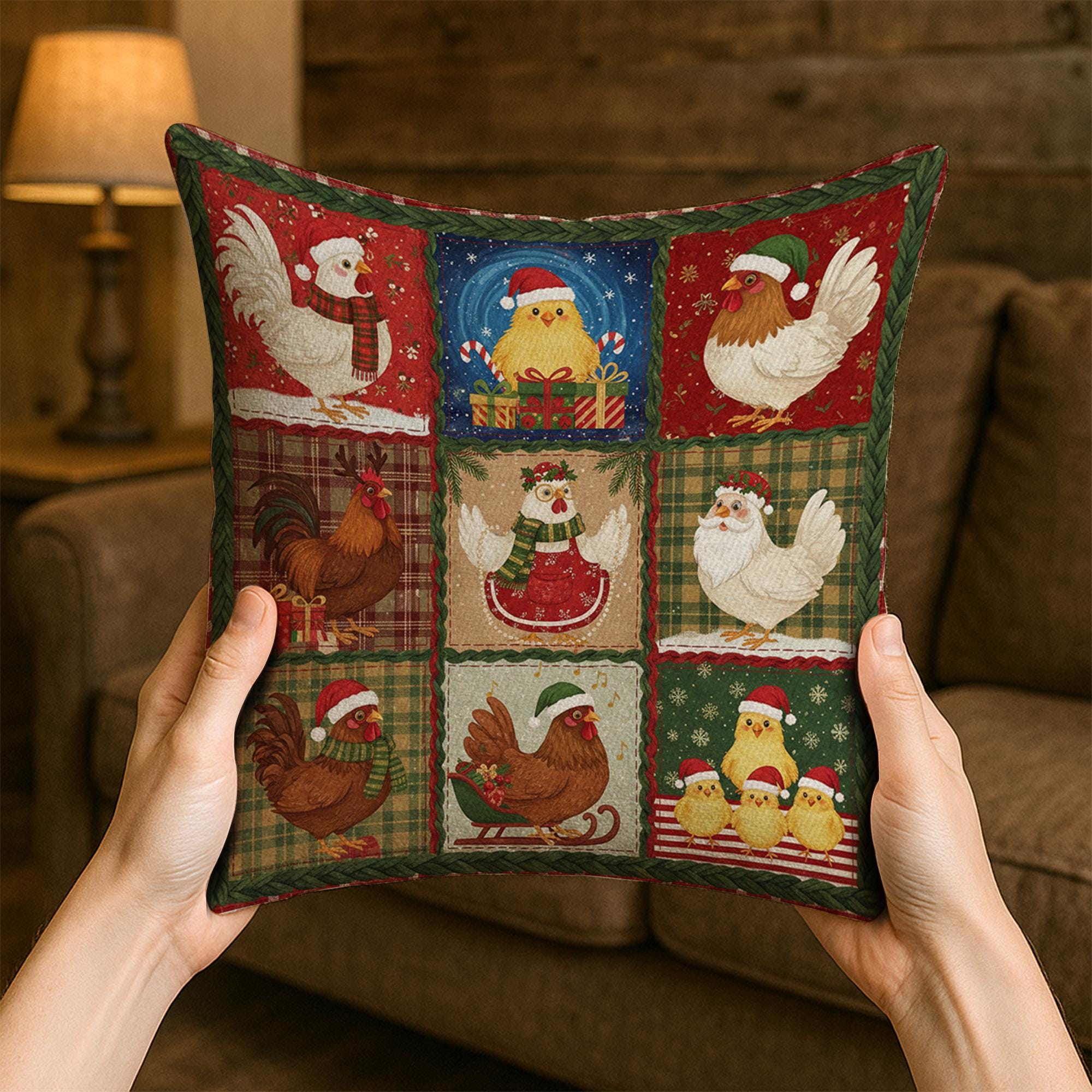 Christmas Farmhouse Chicken Pillow – Holiday Rooster and Hen Throw Cushion Decor