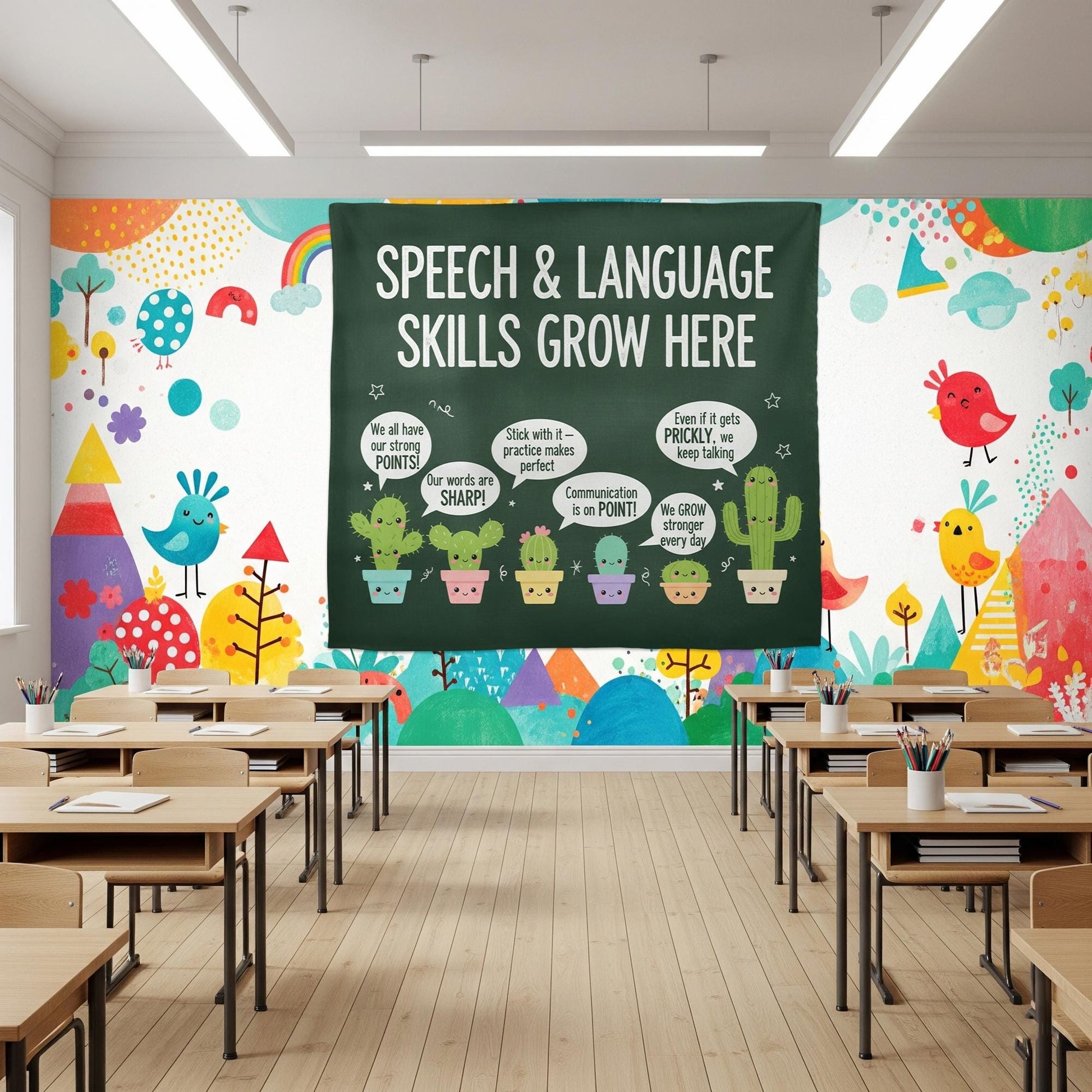 Speech Therapy Classroom Tapestry – Language Skills Growth Wall Decor with Cute Cactus Design