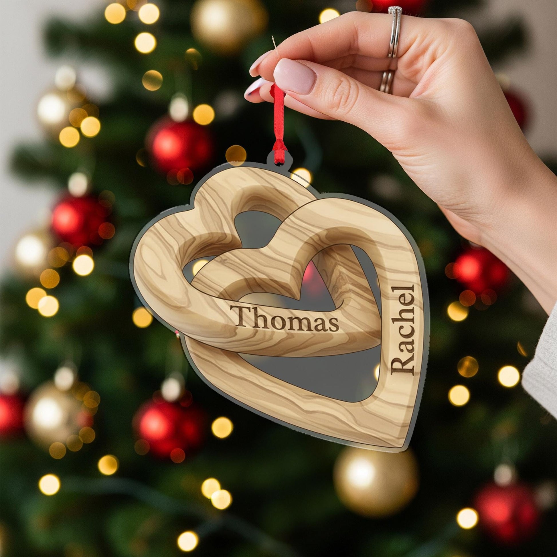 Personalized Anniversary Ornament – Acrylic Double Heart Decoration with Custom Names