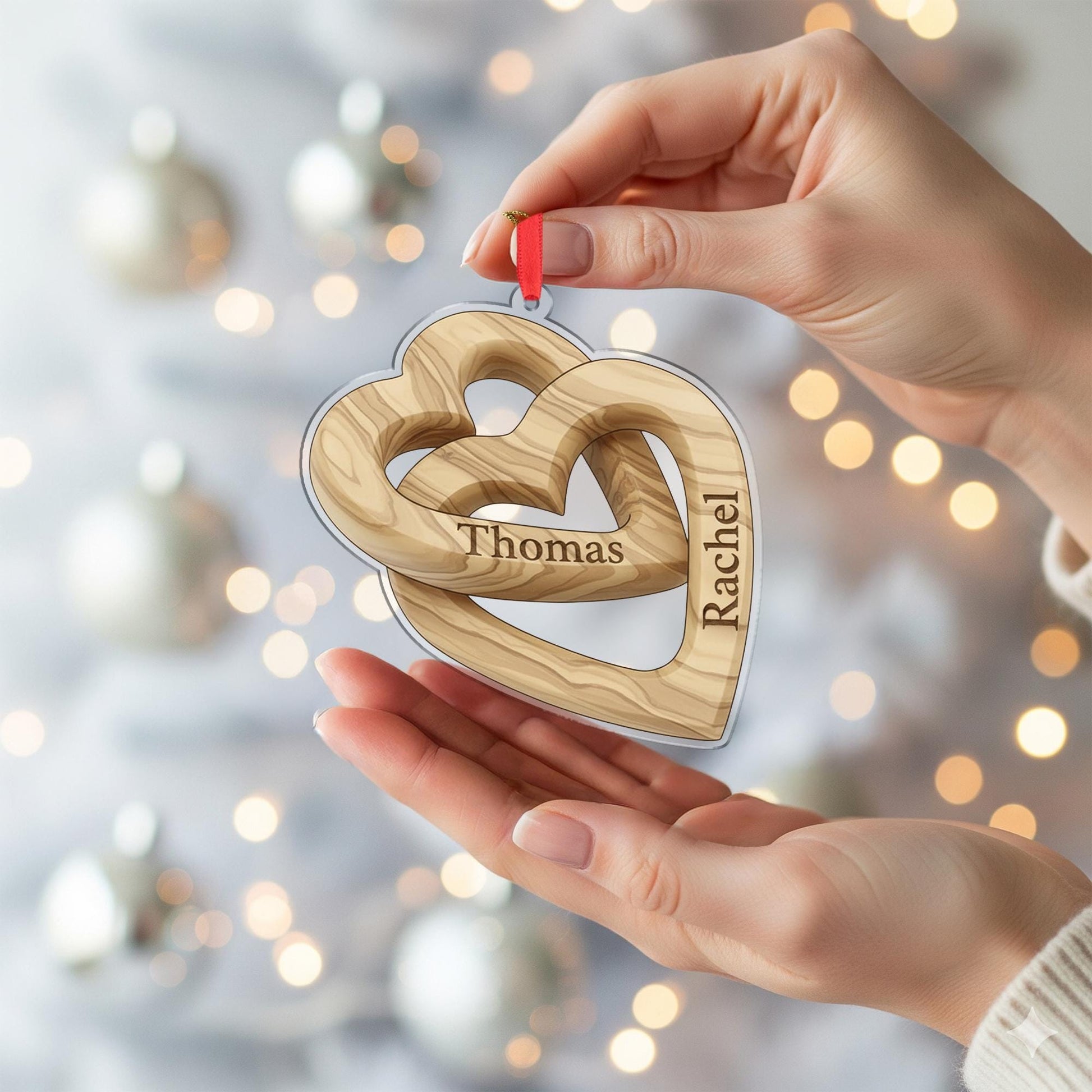 Personalized Anniversary Ornament – Acrylic Double Heart Decoration with Custom Names