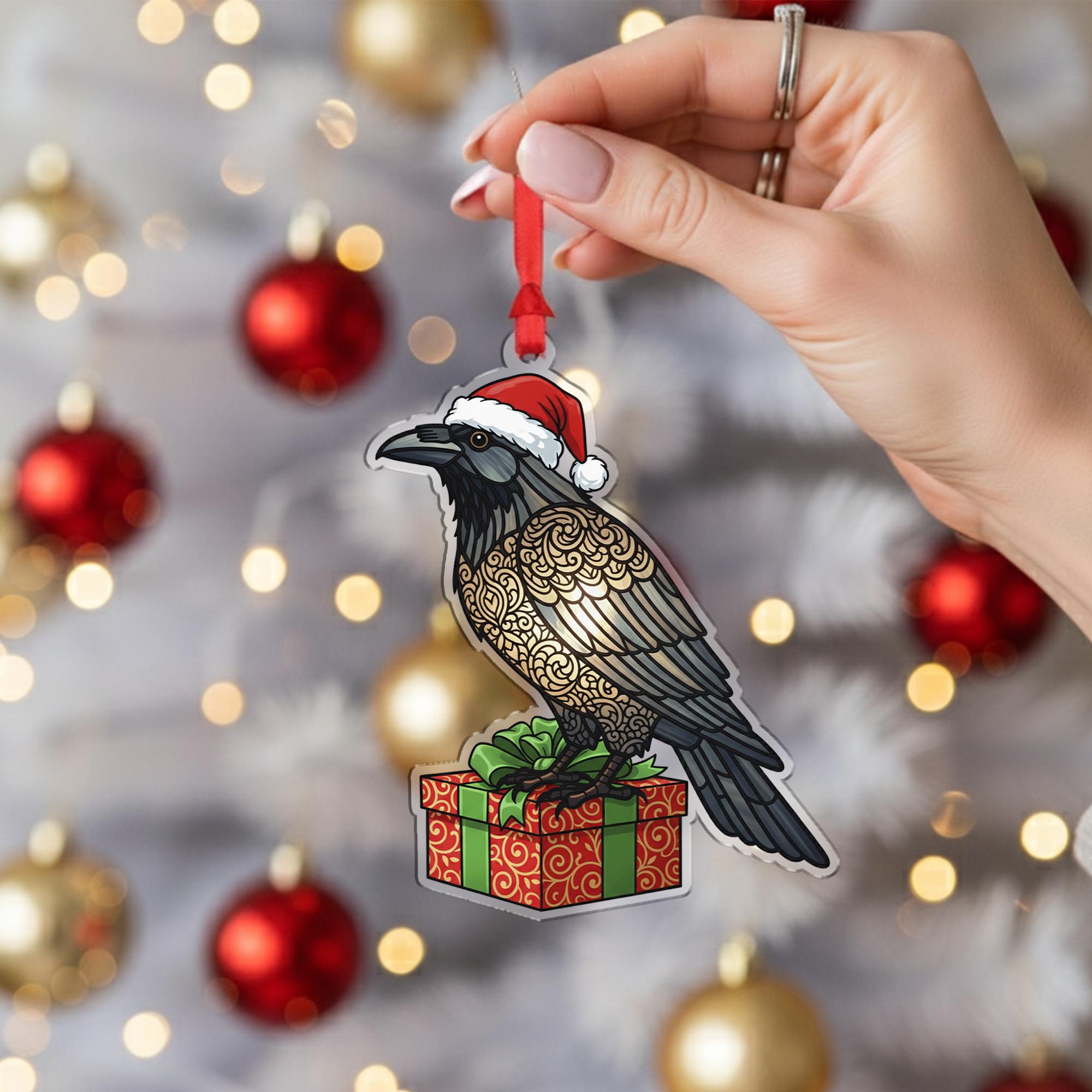 Raven Christmas Ornament – Acrylic Hanging Decoration with Santa Hat and Gift Box Design