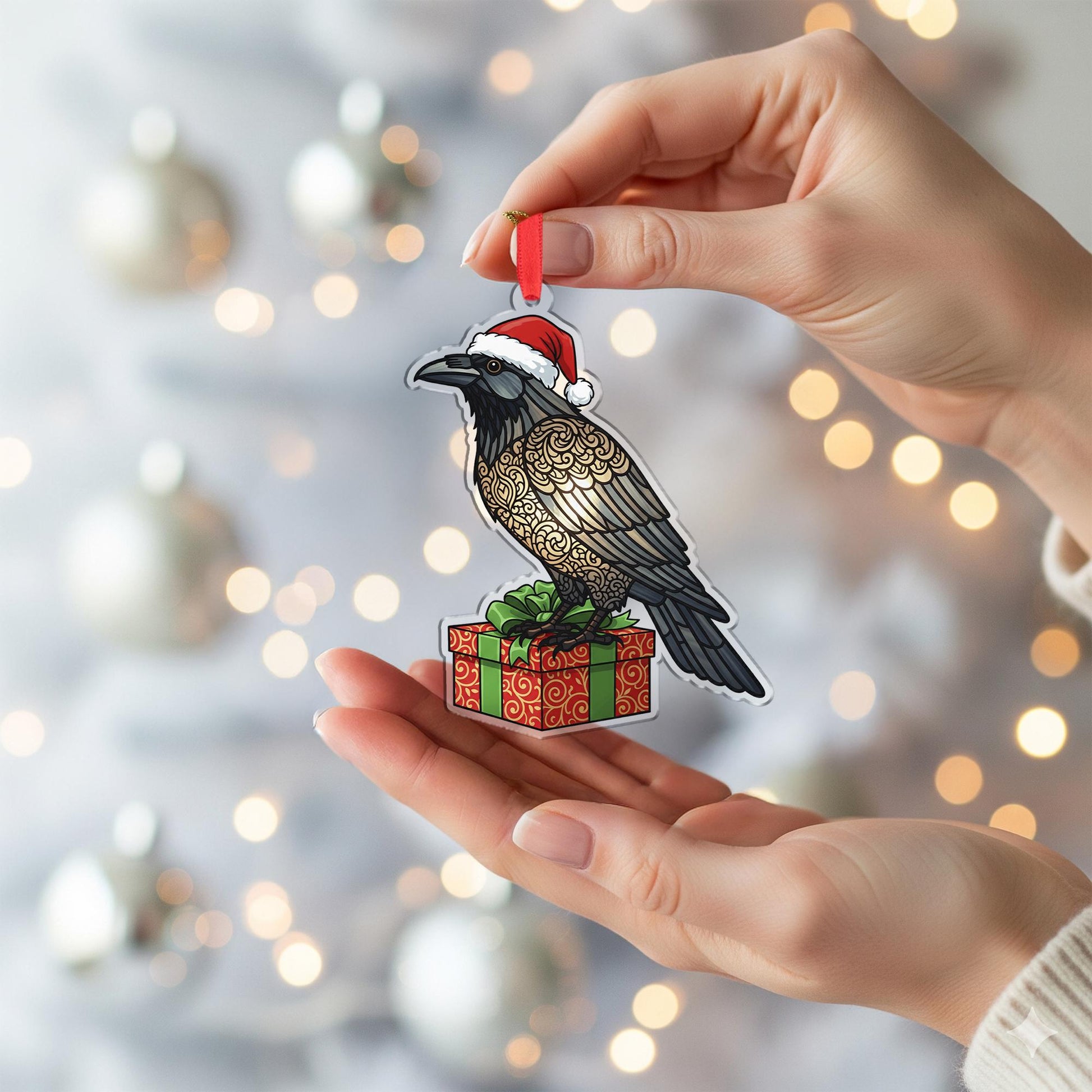 Raven Christmas Ornament – Acrylic Hanging Decoration with Santa Hat and Gift Box Design