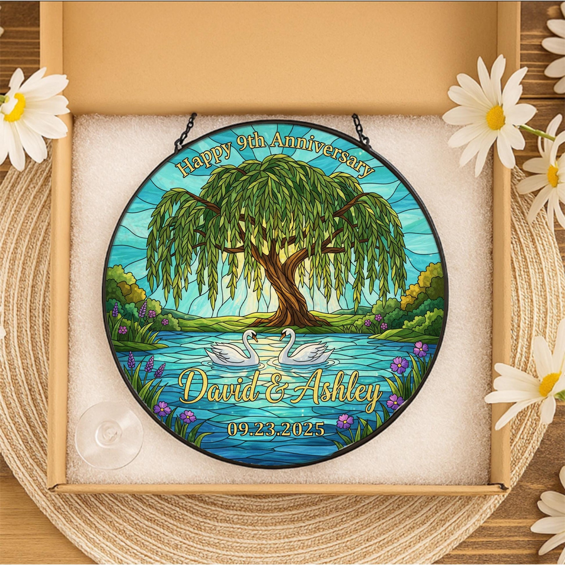 Personalized Anniversary Suncatcher – Faux Stained Glass Decoration with Willow Tree and Swan Design