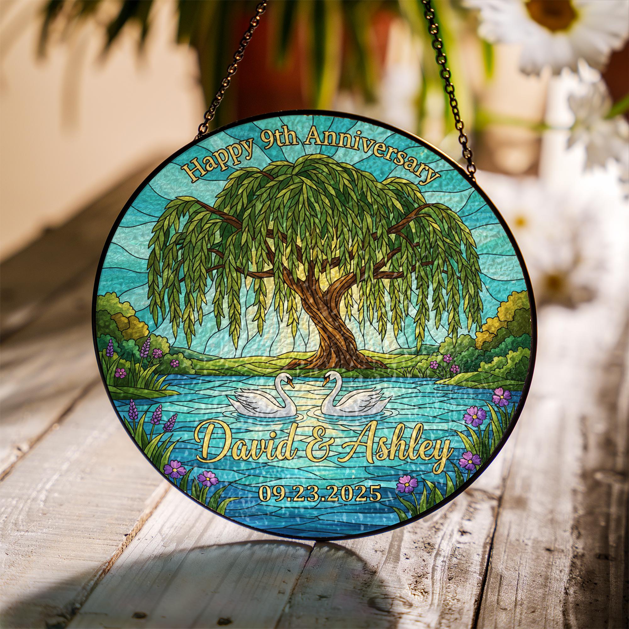 Personalized Anniversary Suncatcher – Faux Stained Glass Decoration with Willow Tree and Swan Design