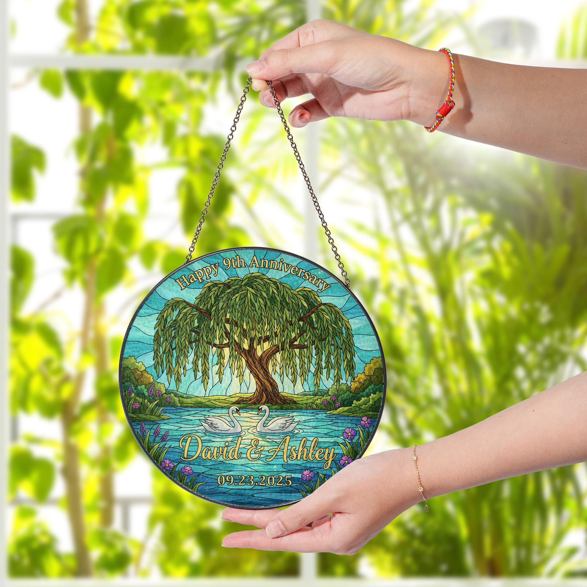 Personalized Anniversary Suncatcher – Faux Stained Glass Decoration with Willow Tree and Swan Design