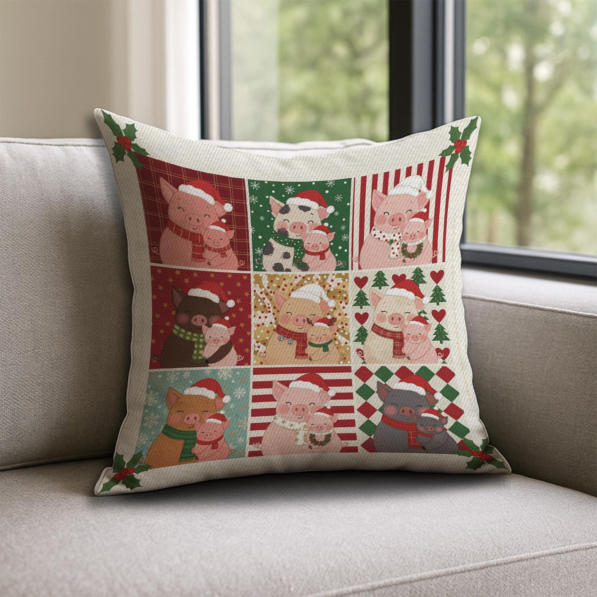 Pig Mom Christmas Pillow – Farmhouse Holiday Cushion Gift for Pig Lovers and Rustic Decor