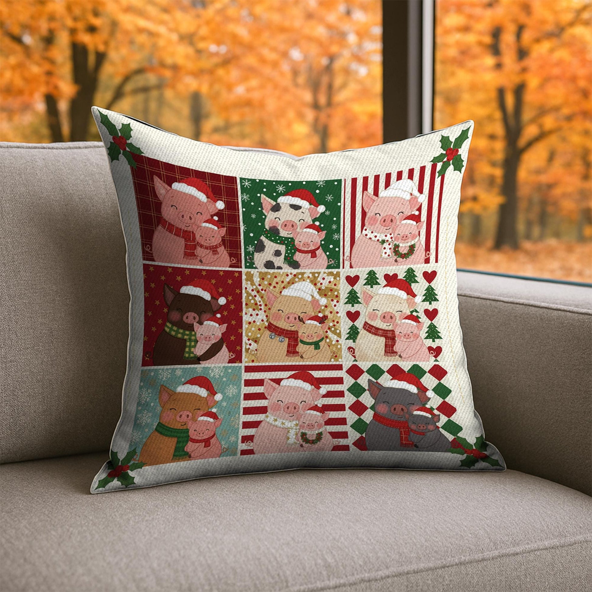 Pig Mom Christmas Pillow – Farmhouse Holiday Cushion Gift for Pig Lovers and Rustic Decor