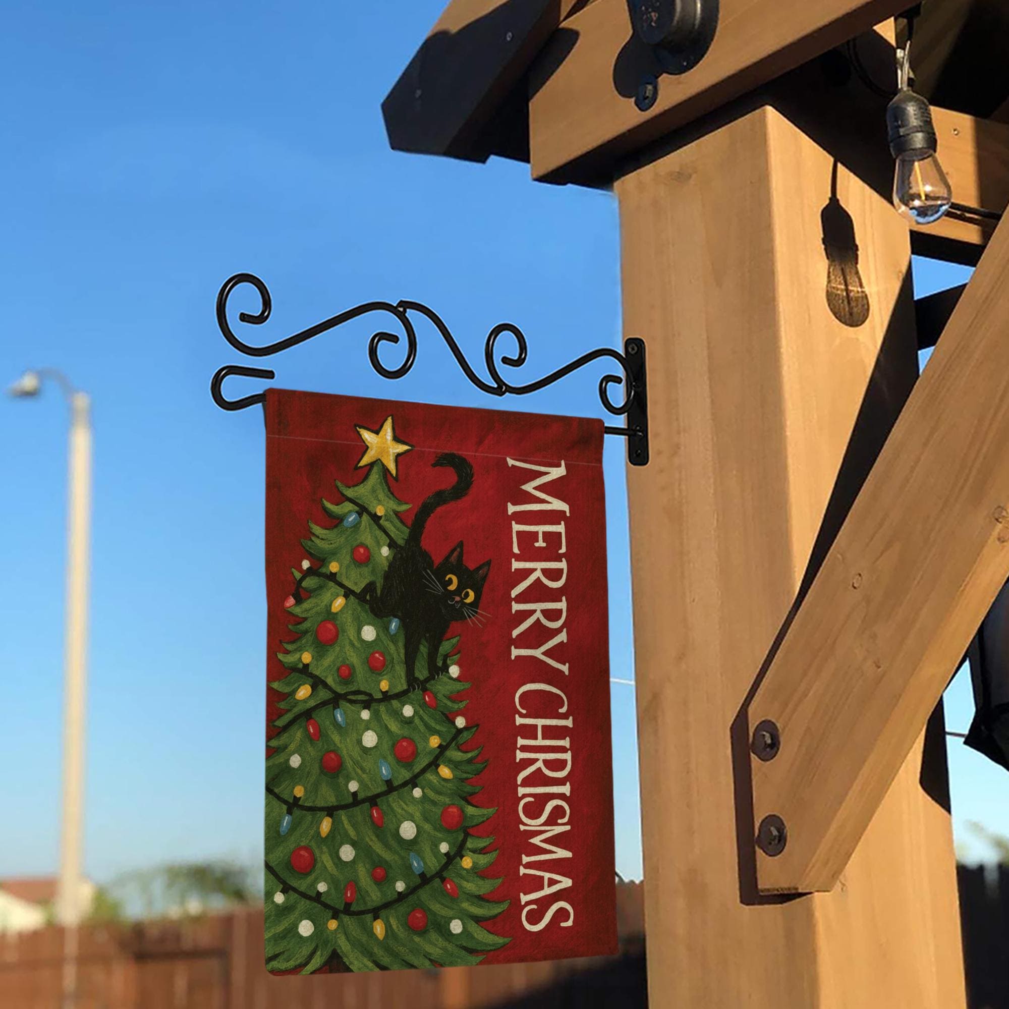Christmas Cat Garden Flag – Funny Holiday Yard Decoration with Black Cat in Tree Design