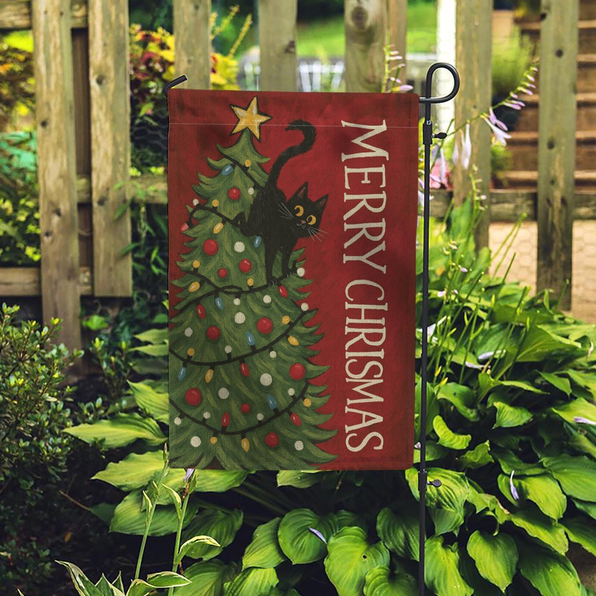 Christmas Cat Garden Flag – Funny Holiday Yard Decoration with Black Cat in Tree Design