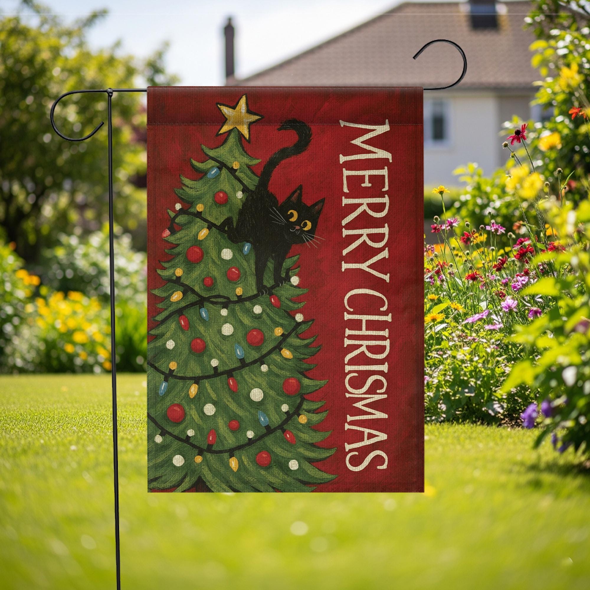 Christmas Cat Garden Flag – Funny Holiday Yard Decoration with Black Cat in Tree Design