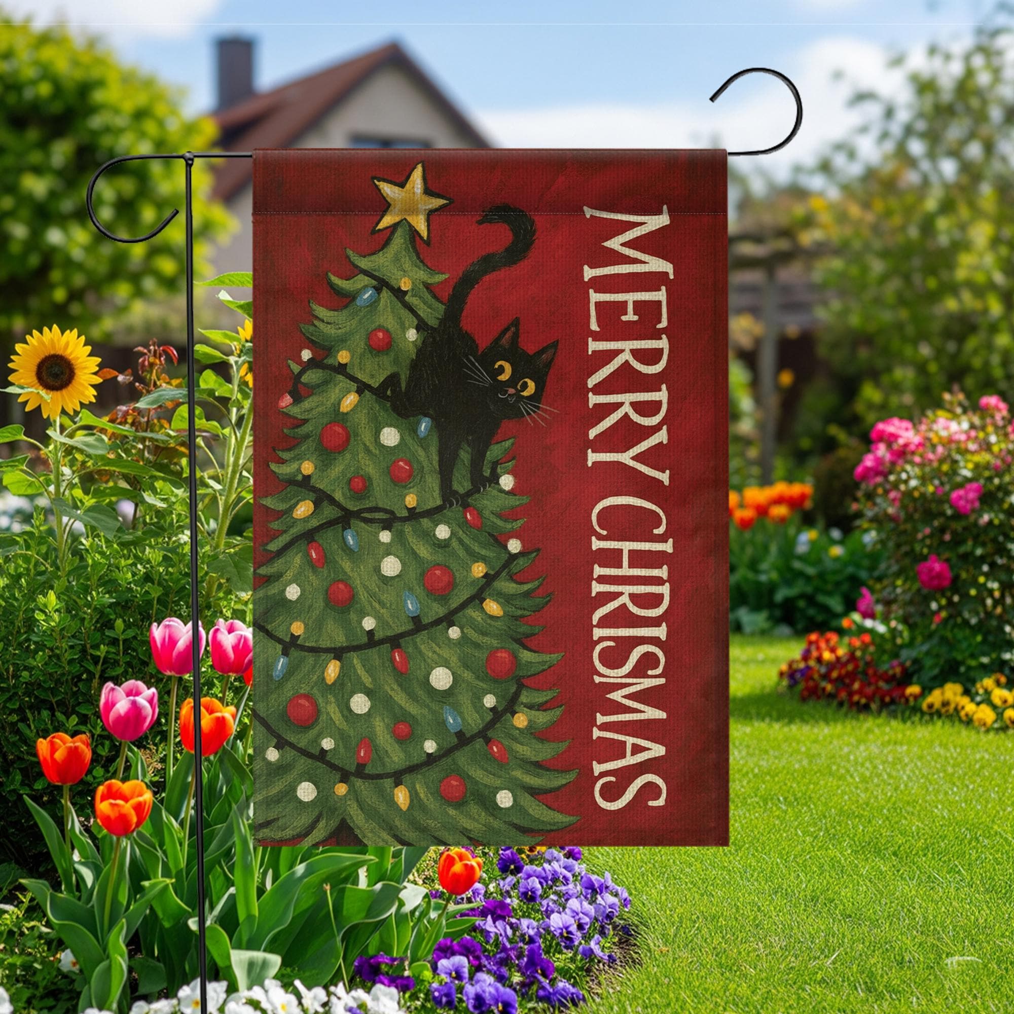 Christmas Cat Garden Flag – Funny Holiday Yard Decoration with Black Cat in Tree Design