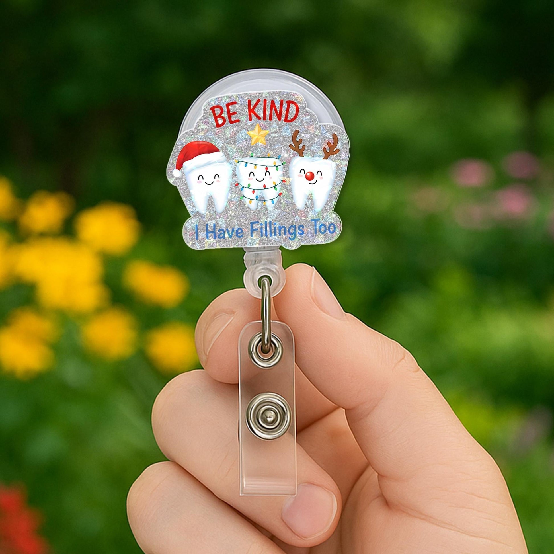 Dentist Badge Reel – Retractable ID Holder, Tooth Icons, Glitter, Custom Name