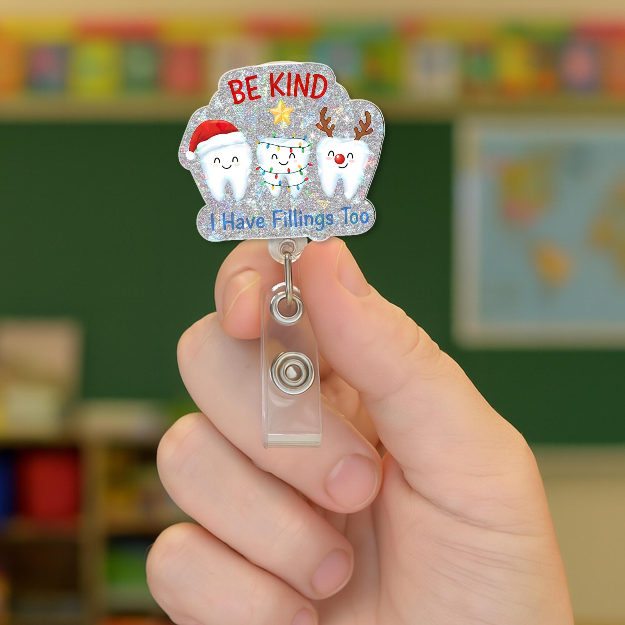 Dentist Badge Reel – Retractable ID Holder, Tooth Icons, Glitter, Custom Name