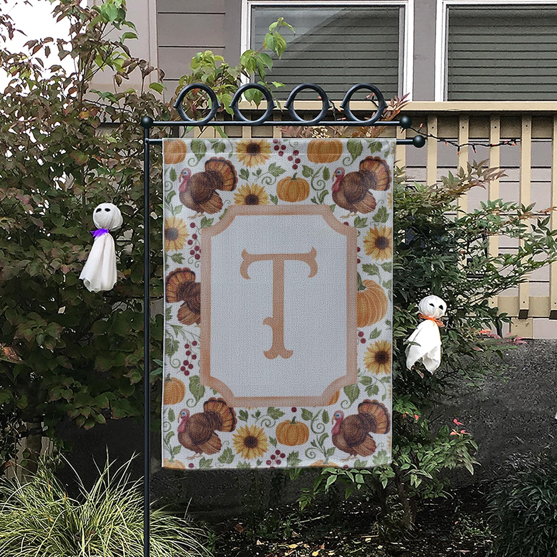 Thanksgiving Garden Flag – Personalized Monogram Fall Yard Decoration with Pumpkins and Turkeys