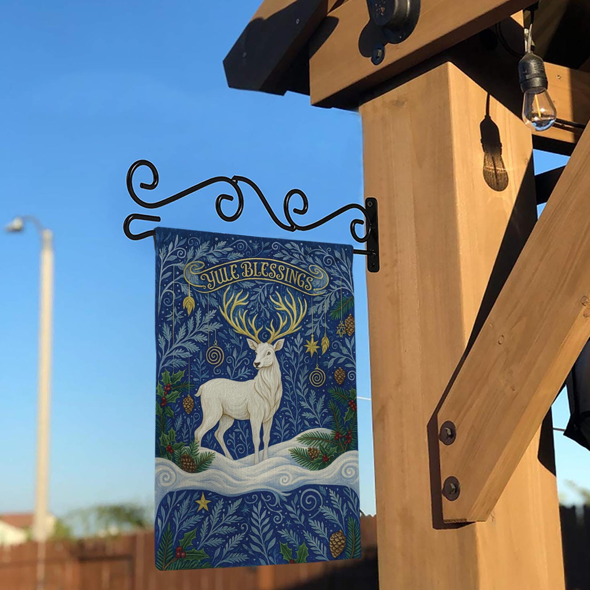 Yule Blessings Garden Flag – Pagan Winter Solstice Yard Decoration with White Stag Design