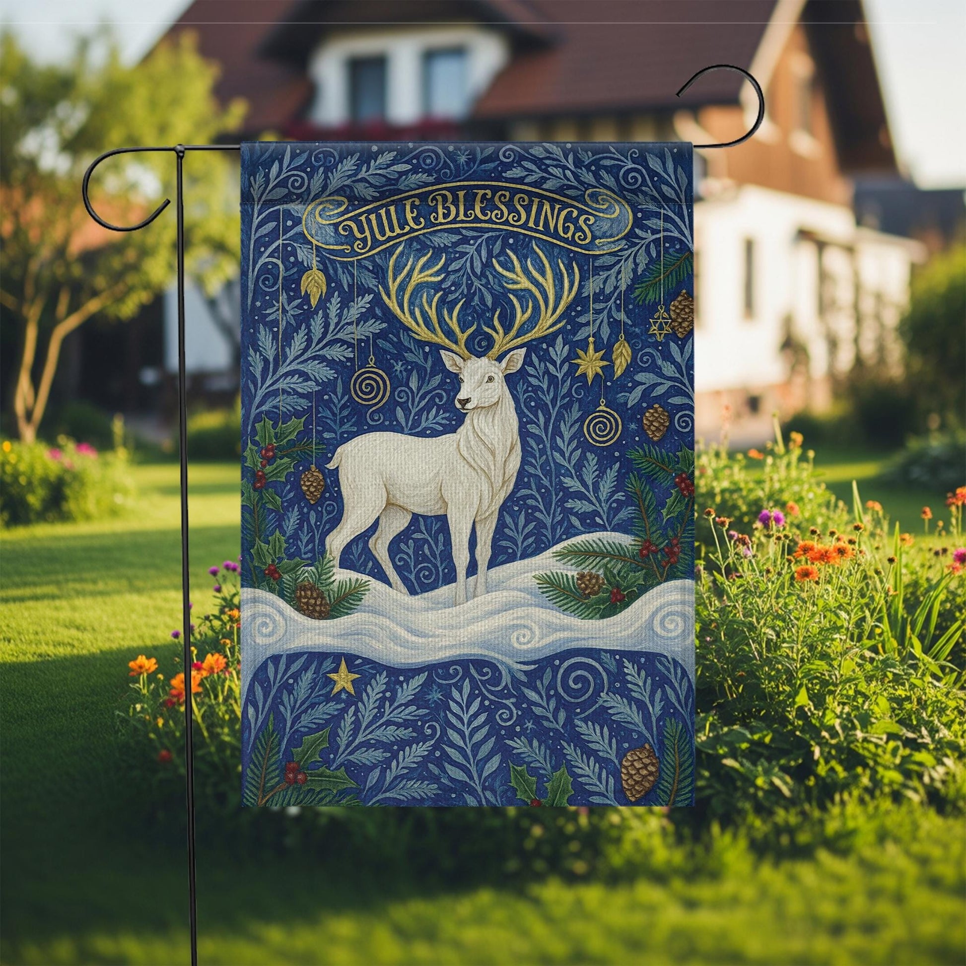 Yule Blessings Garden Flag – Pagan Winter Solstice Yard Decoration with White Stag Design