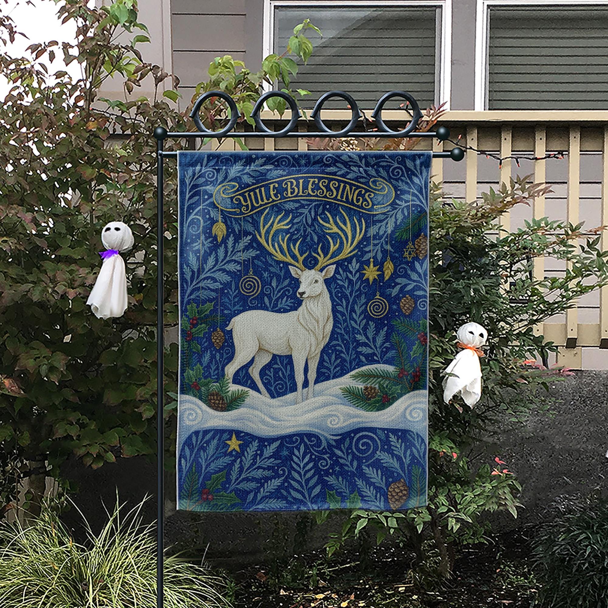 Yule Blessings Garden Flag – Pagan Winter Solstice Yard Decoration with White Stag Design