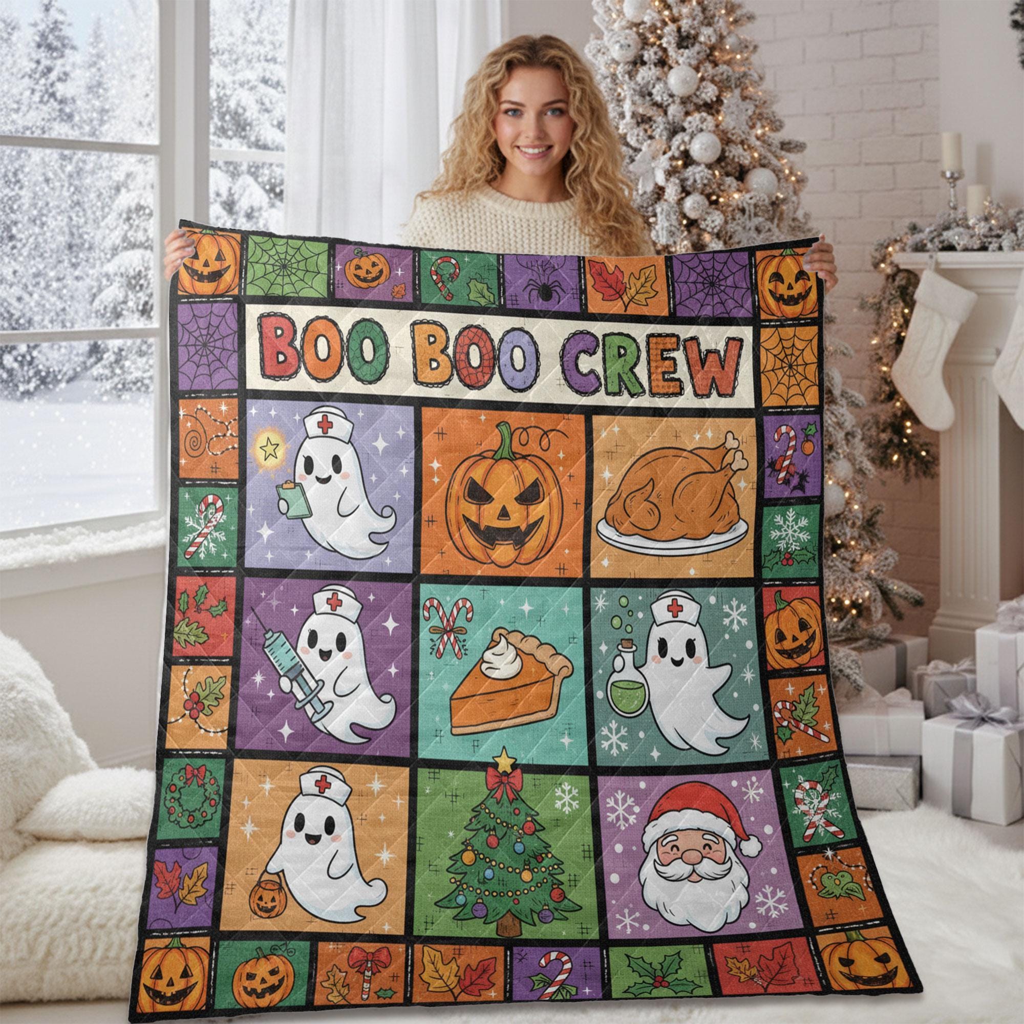 Halloween Quilt Blanket – Ghost Nurse Patchwork, “Boo Boo Crew” Print, Throw